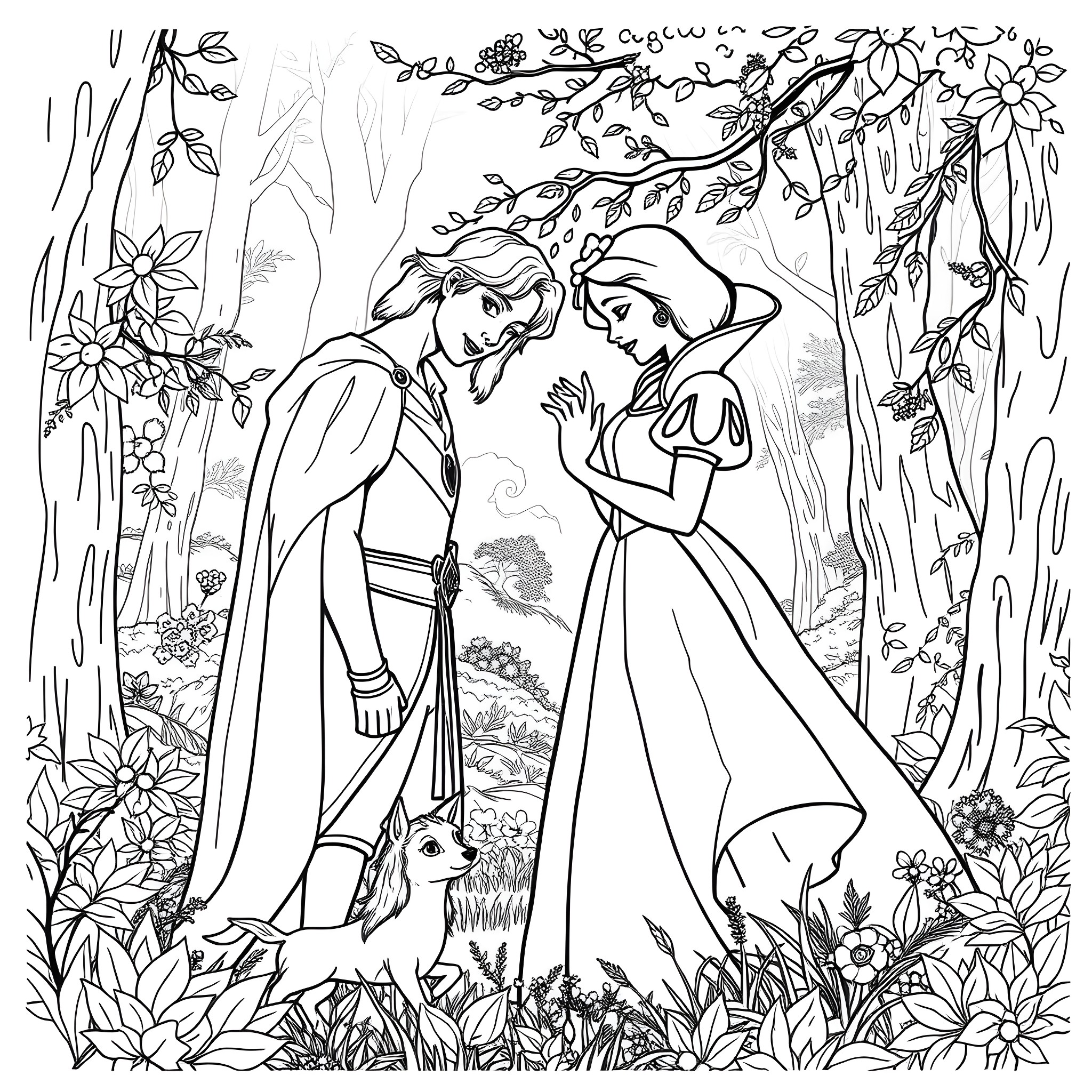 Snow White meeting the prince in the enchanted forest Coloring Page (free black-and-white line drawing printable PDF for all, from beginners to advanced learners, including children, teens, adults, and seniors)