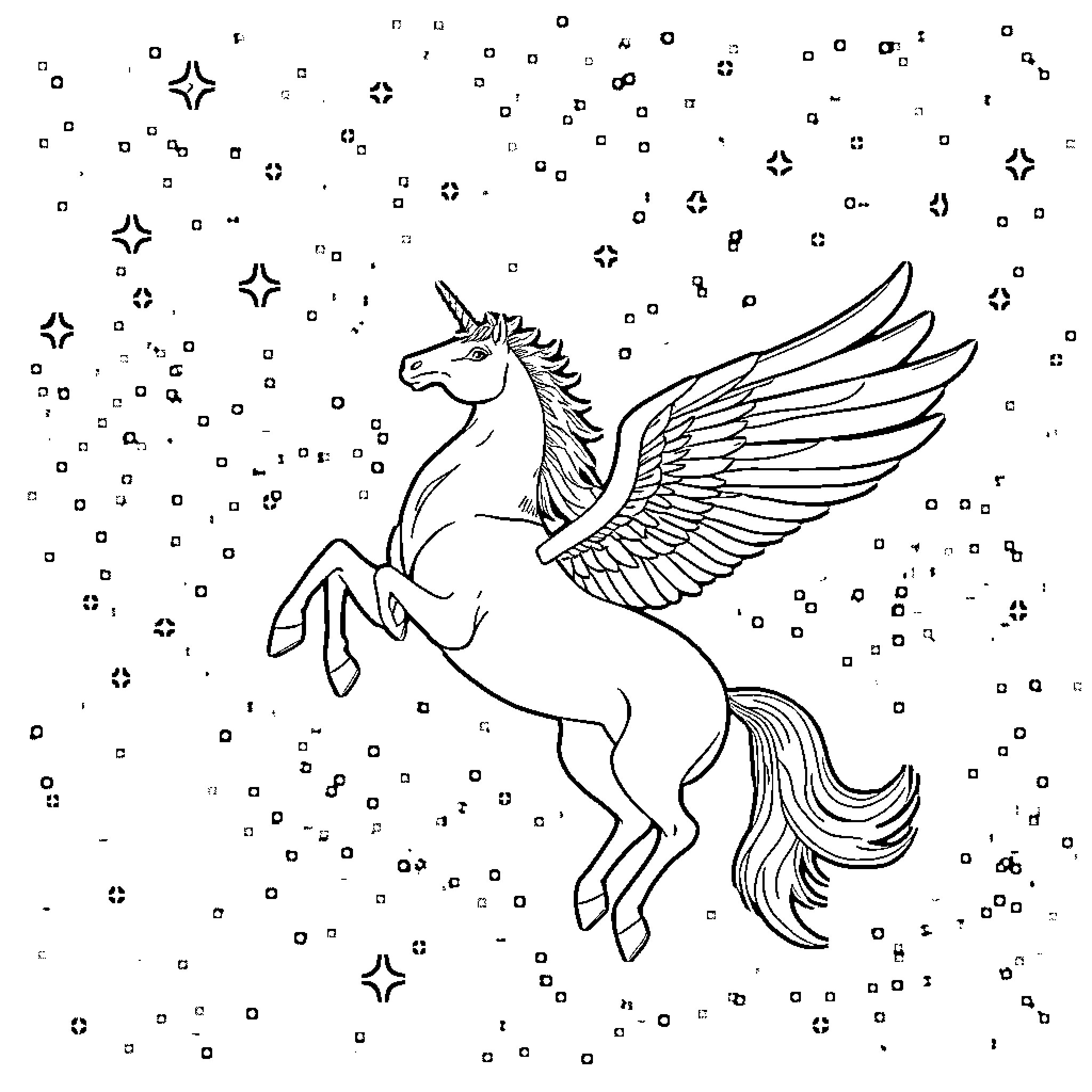 Pegasus flying amidst twinkling stars Coloring Page (free black-and-white line drawing printable PDF for all, from beginners to advanced learners, including children, teens, adults, and seniors)