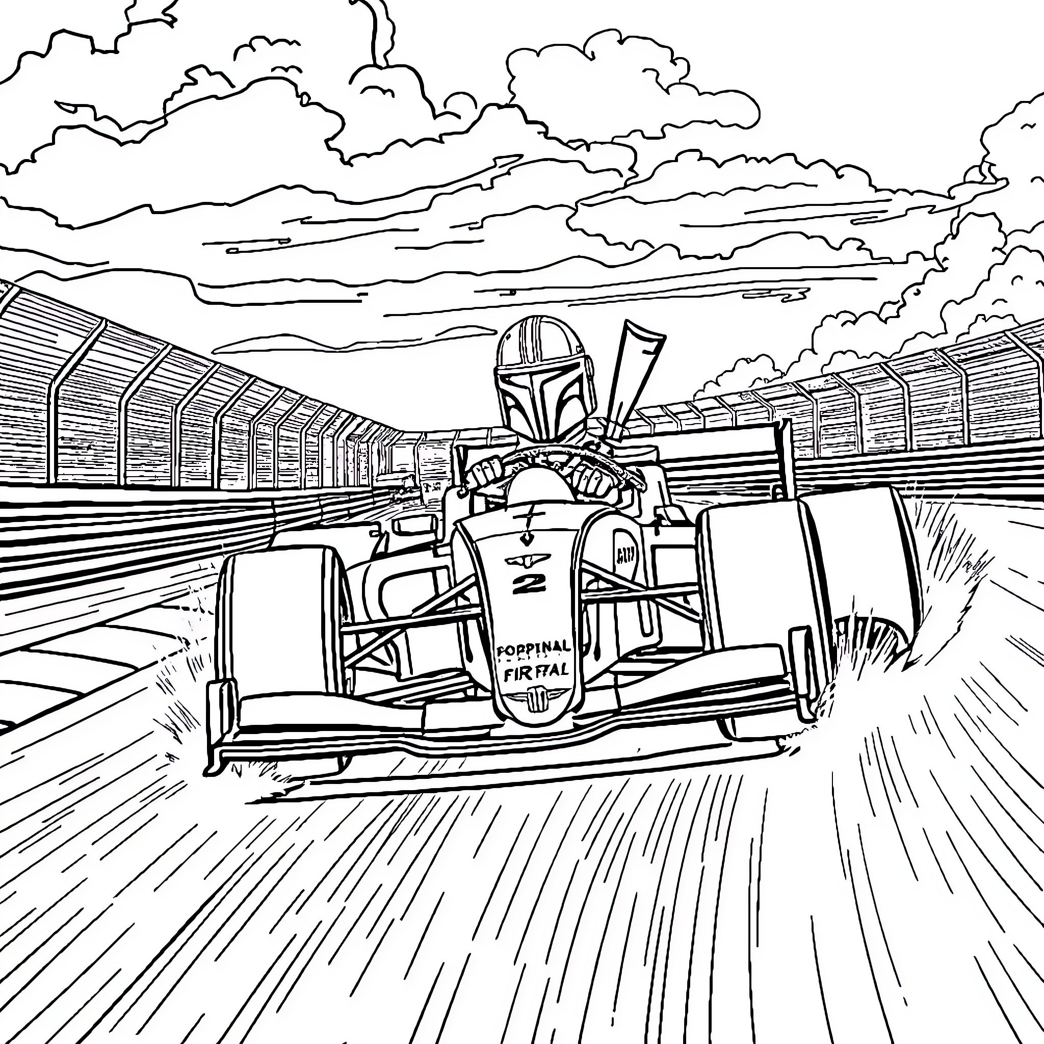 Mandalorian Racer Speeds Through Hangar Coloring Page (free black-and-white line drawing printable PDF for all, from beginners to advanced learners, including children, teens, adults, and seniors)