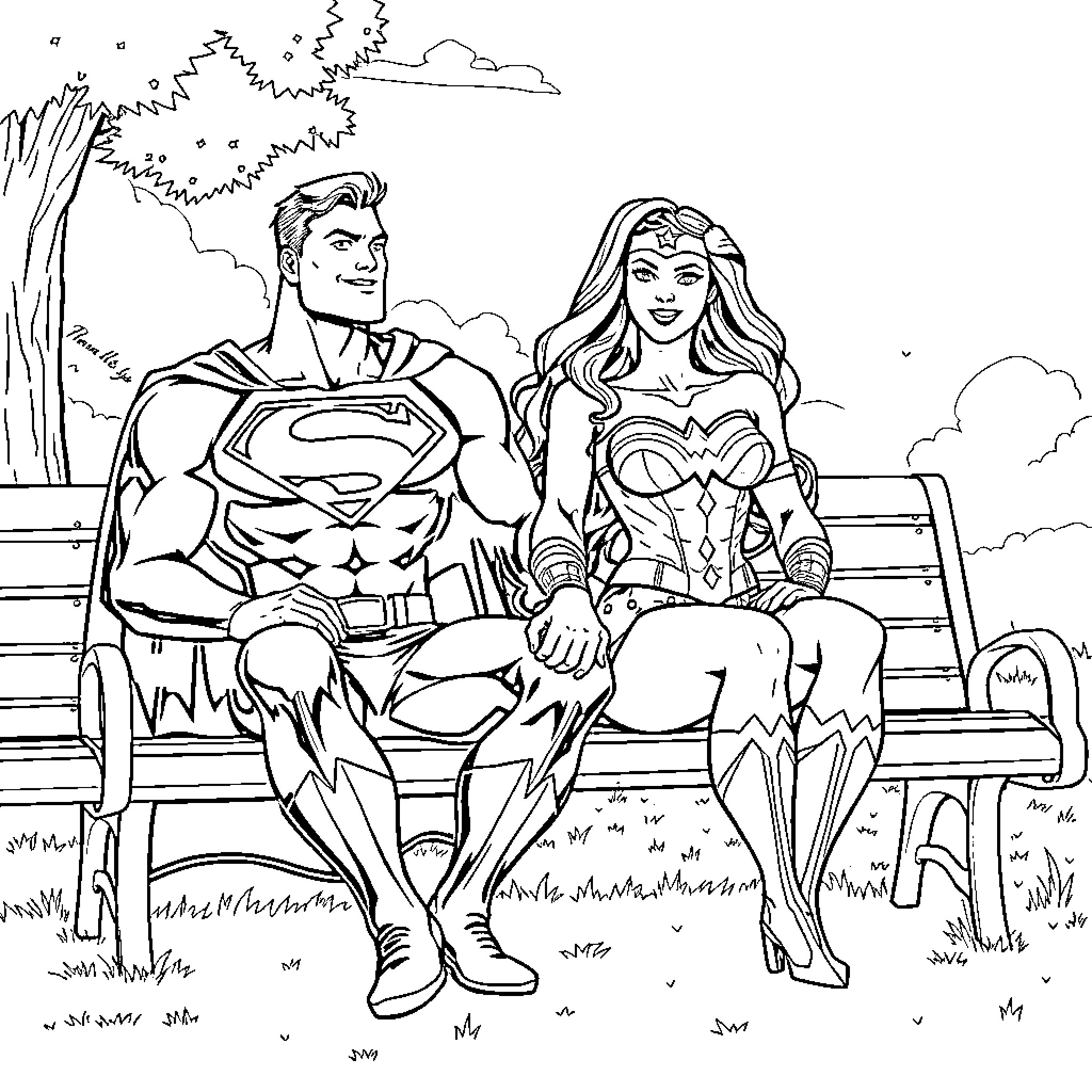 Superman and Wonder Woman sit together on a park bench Coloring Page (free black-and-white line drawing printable PDF for all, from beginners to advanced learners, including children, teens, adults, and seniors)