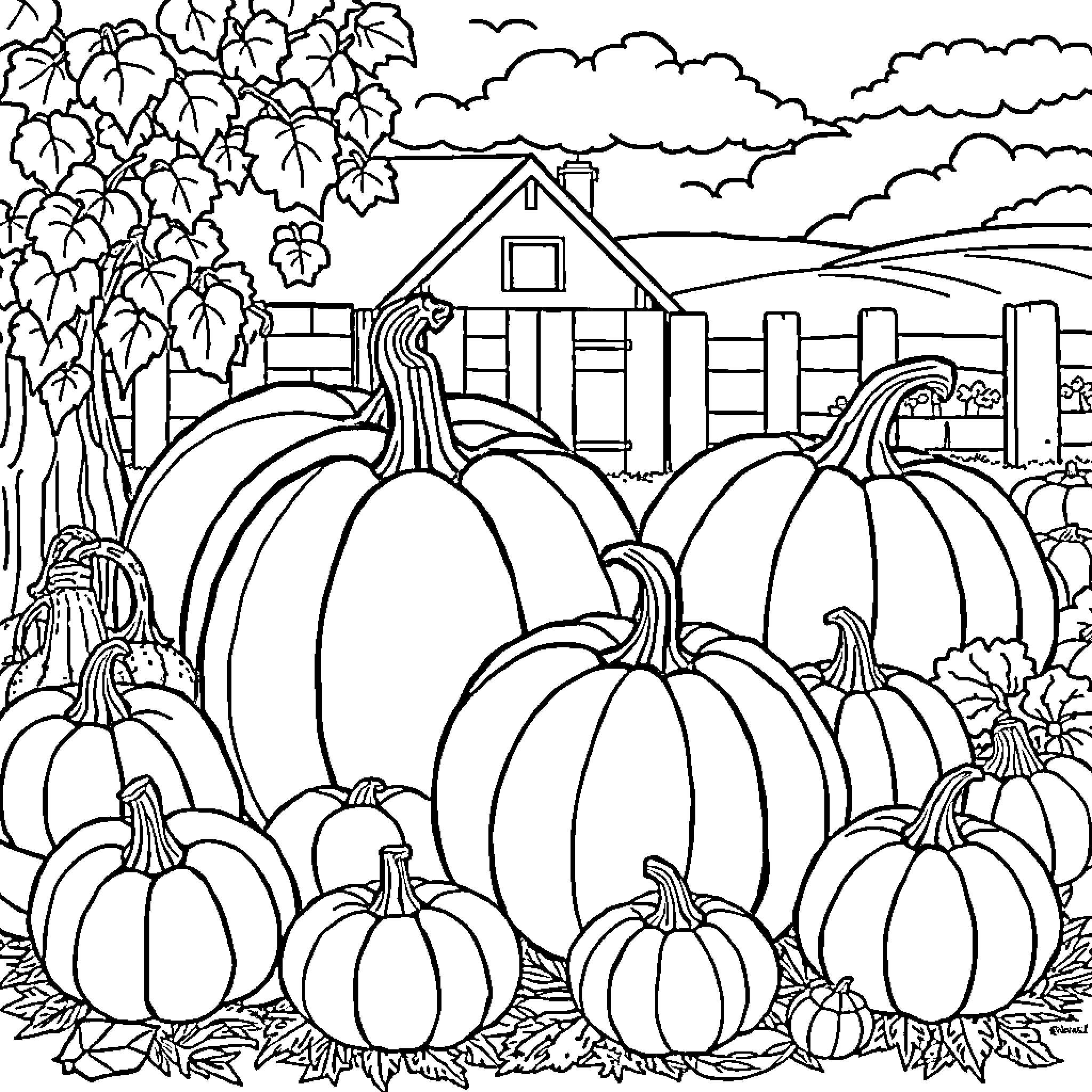 Pumpkin patch scene with rustic house and foliage Coloring Page (free black-and-white line drawing printable PDF for all, from beginners to advanced learners, including children, teens, adults, and seniors)