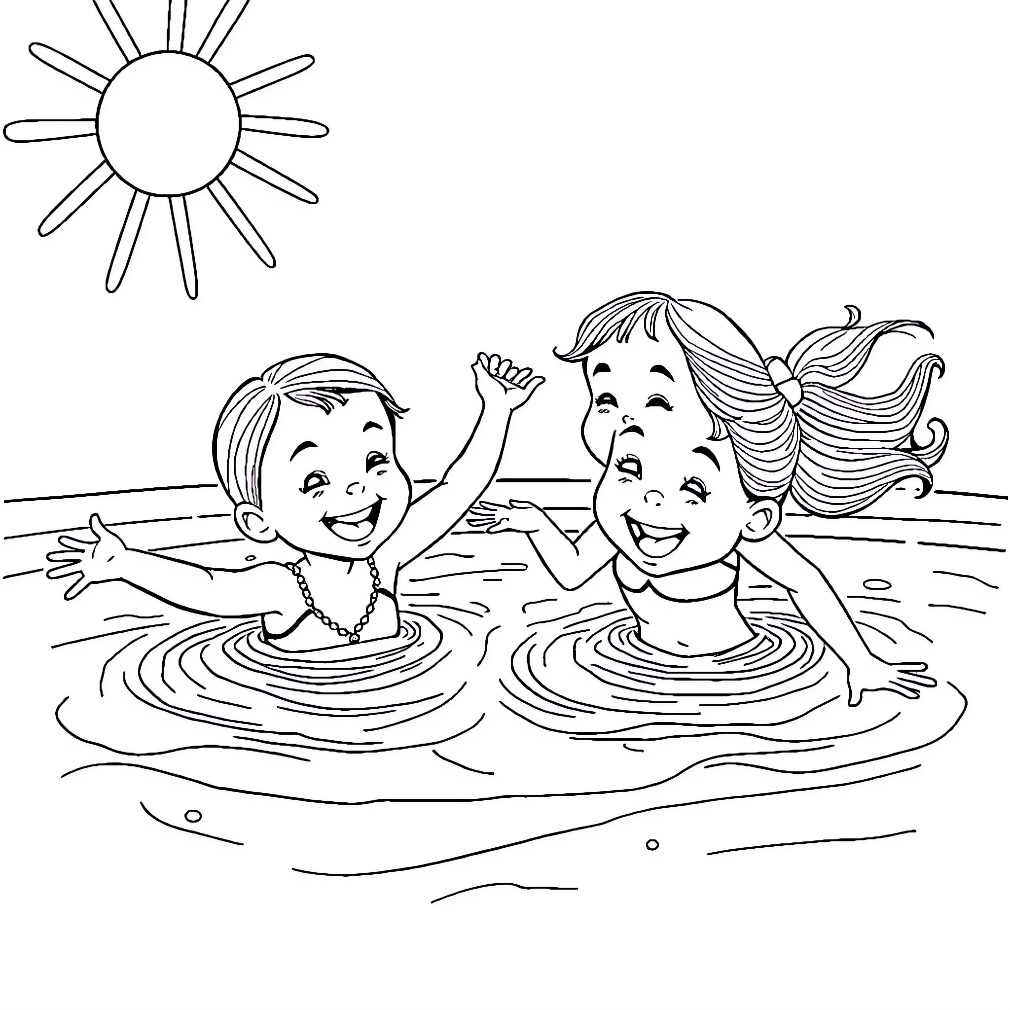 Girl playing joyfully in the water with friend Coloring Page (free black-and-white line drawing printable PDF for all, from beginners to advanced learners, including children, teens, adults, and seniors)