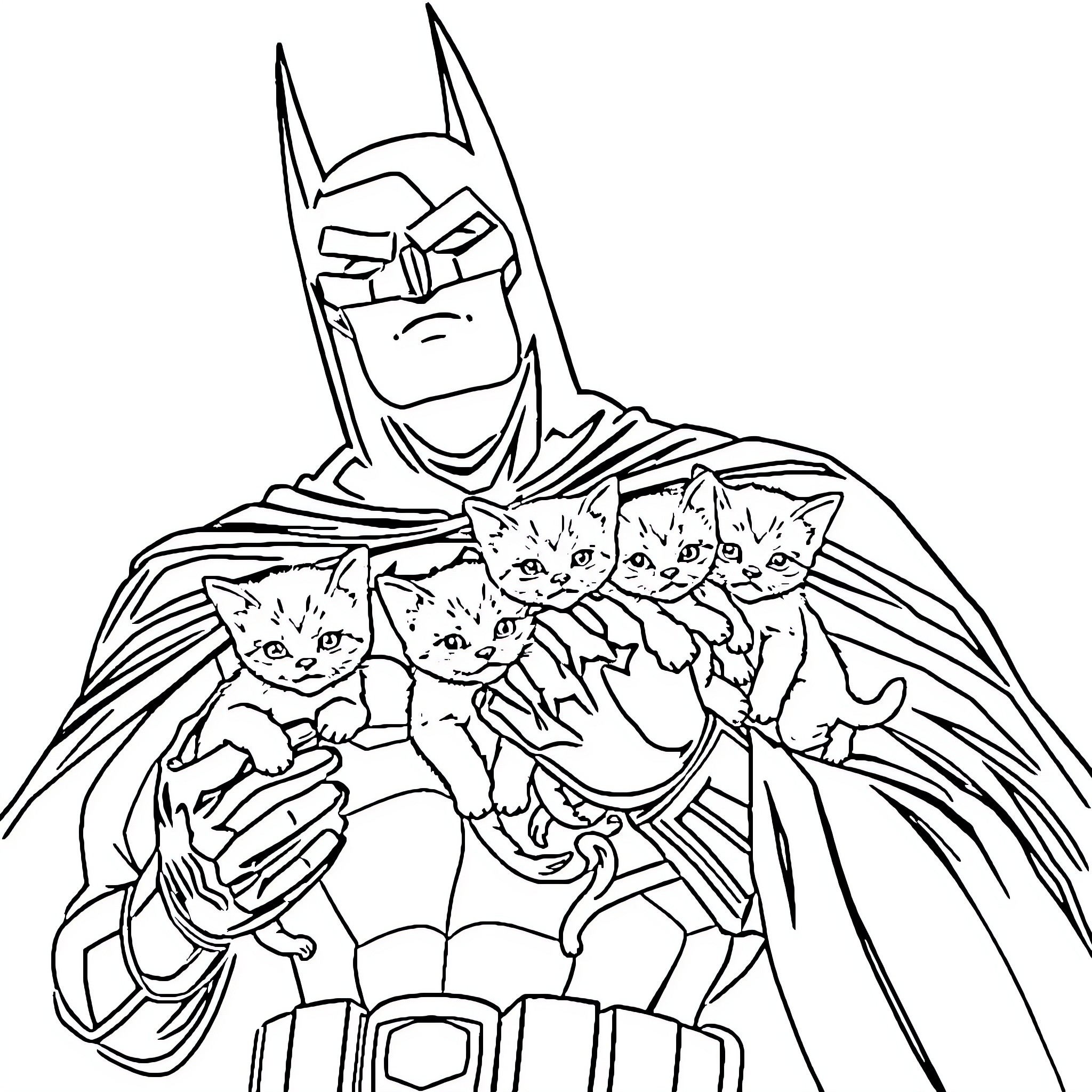 Batman surrounded by adorable kittens Coloring Page (free black-and-white line drawing printable PDF for all, from beginners to advanced learners, including children, teens, adults, and seniors)