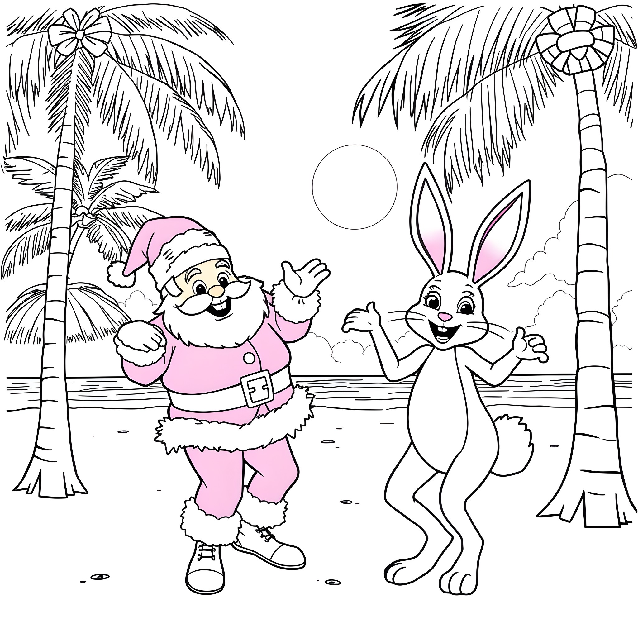 Santa Claus and Bunny playing on the beach Coloring Page (free black-and-white line drawing printable PDF for all, from beginners to advanced learners, including children, teens, adults, and seniors)