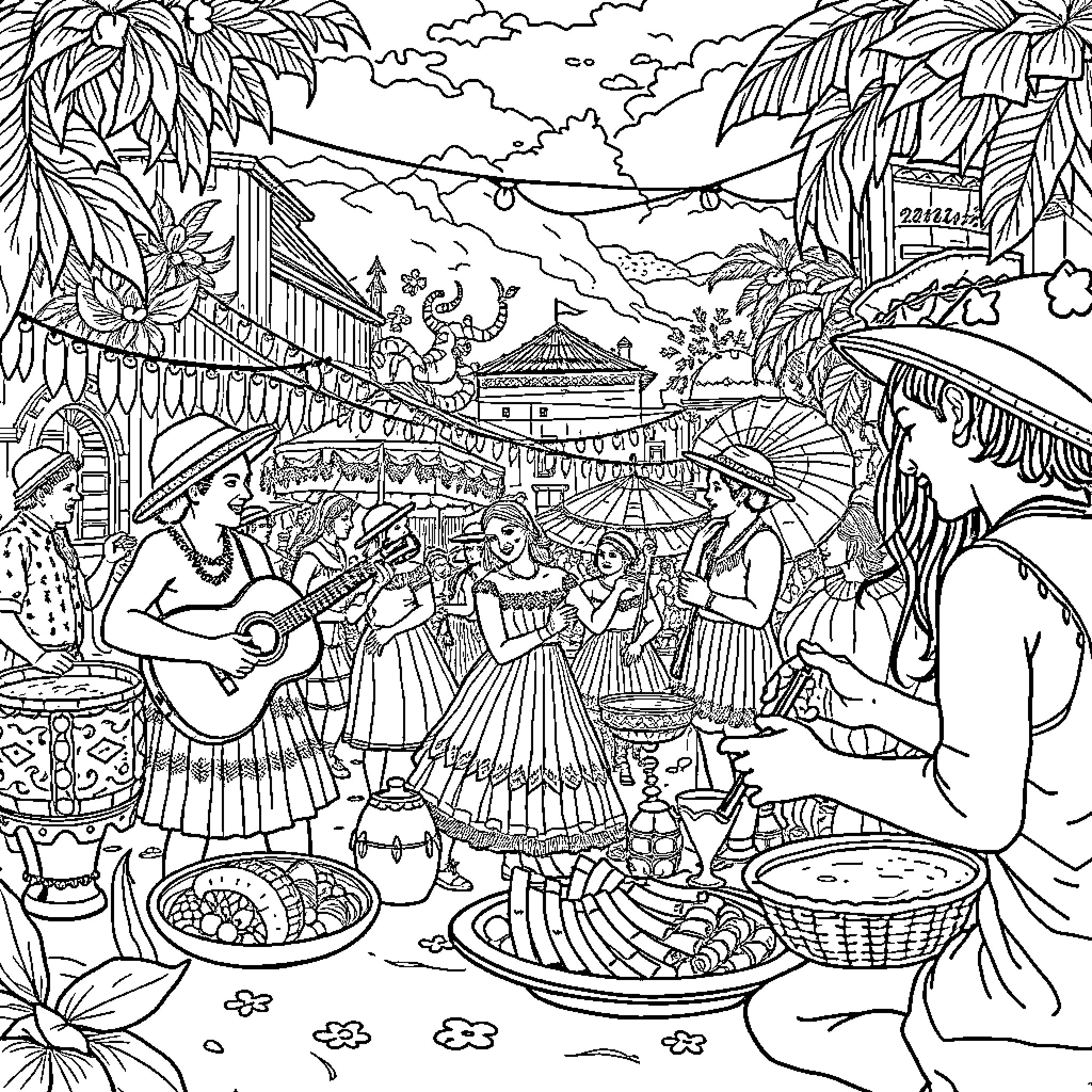 Colombian Culture: Vibrant Festival Celebrations Coloring Page (free black-and-white line drawing printable PDF for all, from beginners to advanced learners, including children, teens, adults, and seniors)