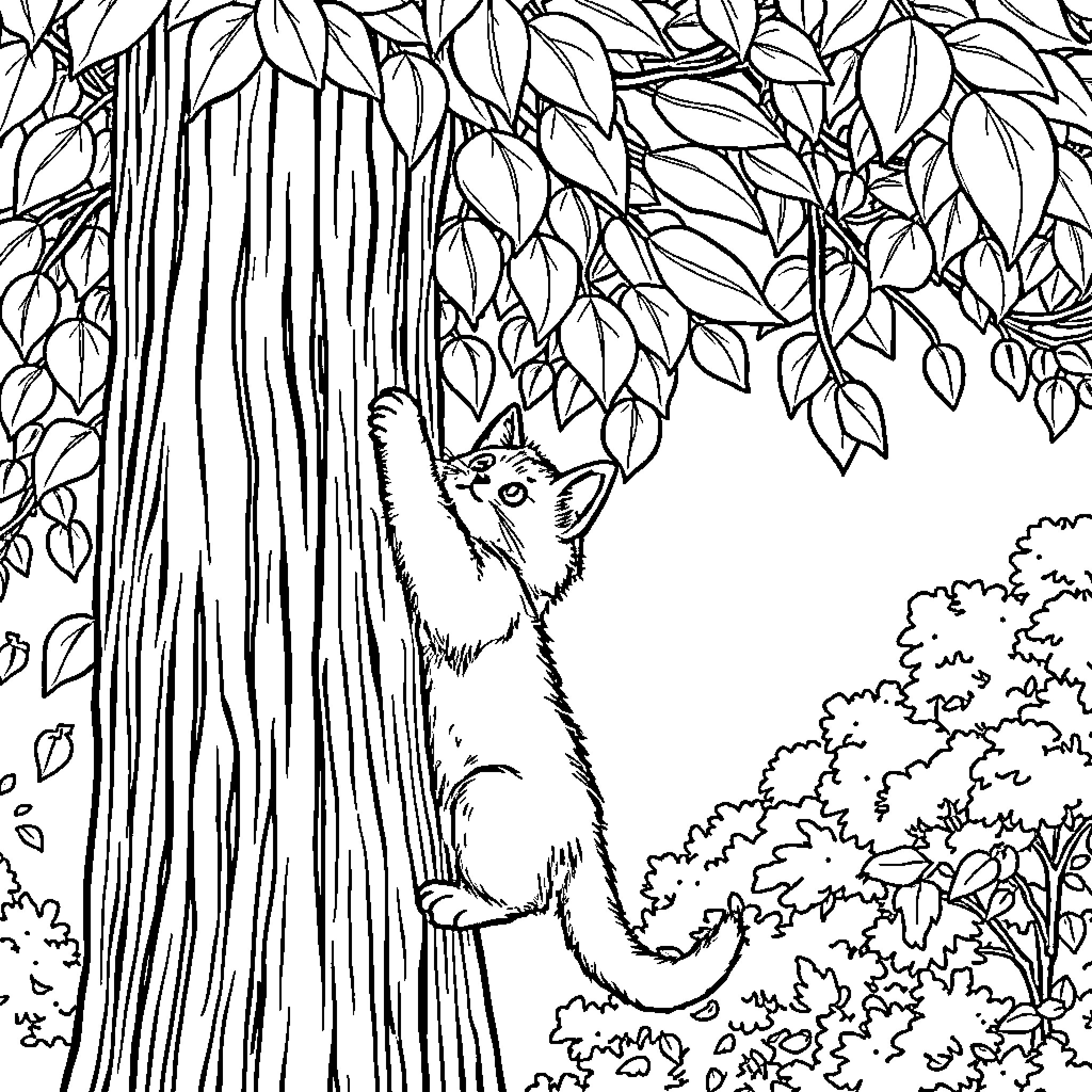 Cat climbing up a tree in a forest Coloring Page (free black-and-white line drawing printable PDF for all, from beginners to advanced learners, including children, teens, adults, and seniors)