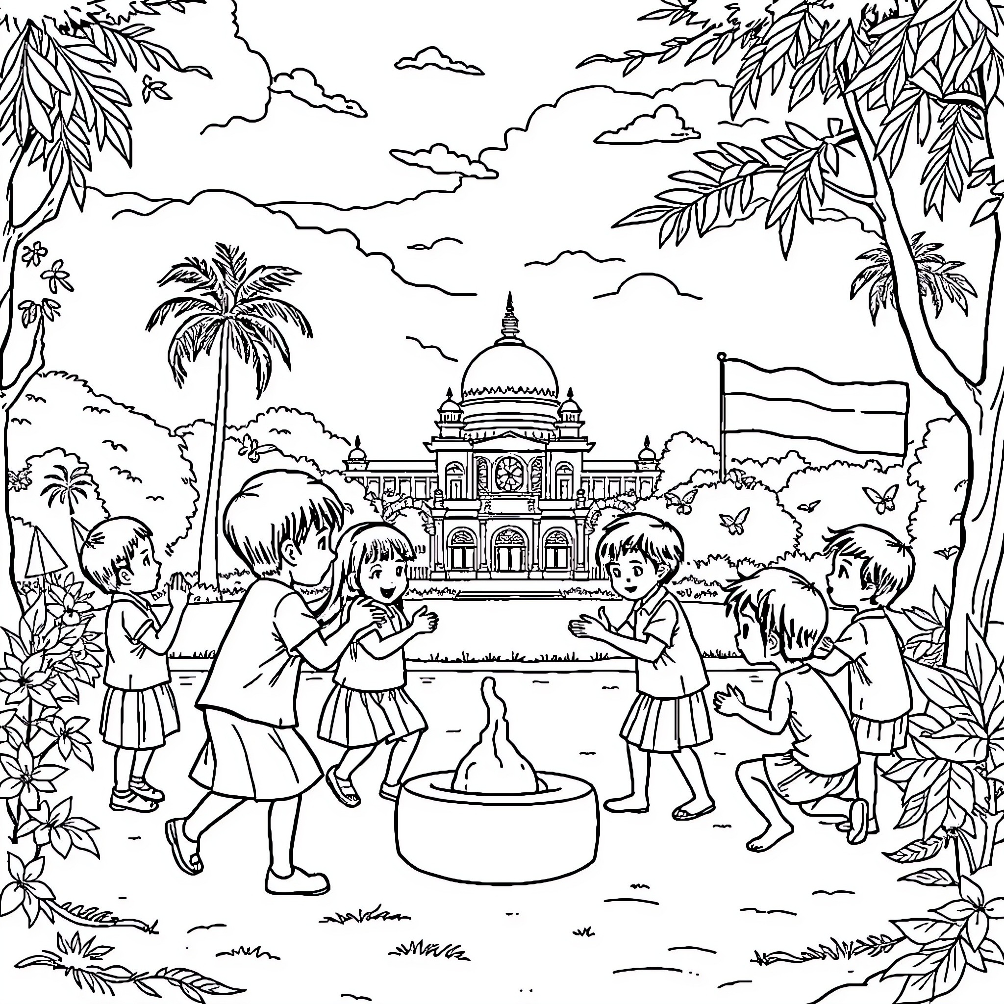 Children playing in a lush garden near historic building Coloring Page (free black-and-white line drawing printable PDF for all, from beginners to advanced learners, including children, teens, adults, and seniors)