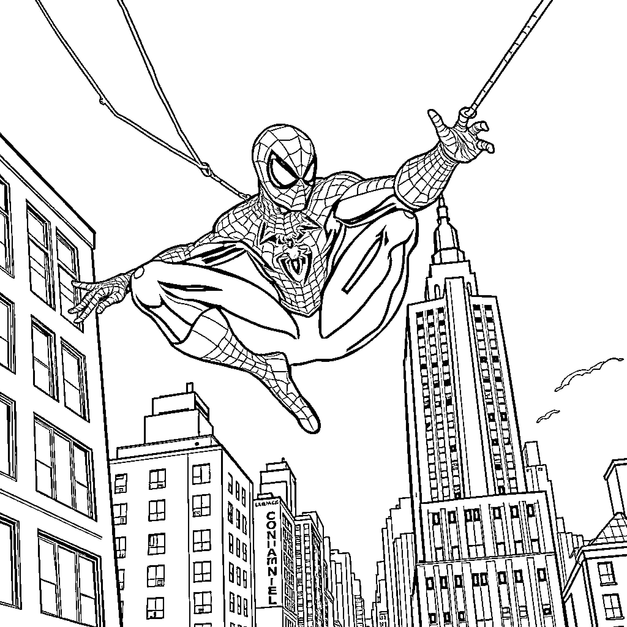 Spider-Man swinging through the city Coloring Page (free black-and-white line drawing printable PDF for all, from beginners to advanced learners, including children, teens, adults, and seniors)