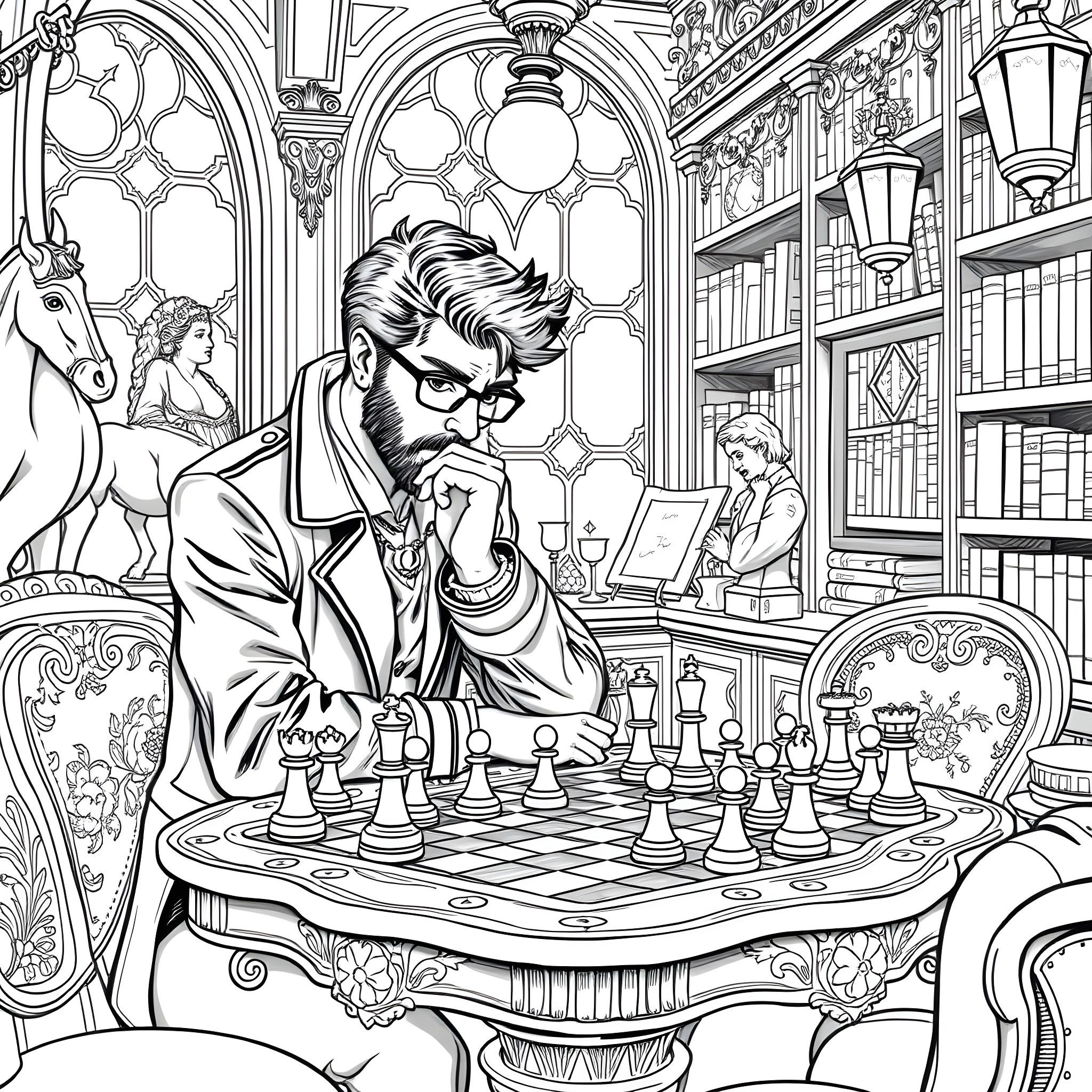Kasper's contemplative chess game in a grand library Coloring Page (free black-and-white line drawing printable PDF for all, from beginners to advanced learners, including children, teens, adults, and seniors)