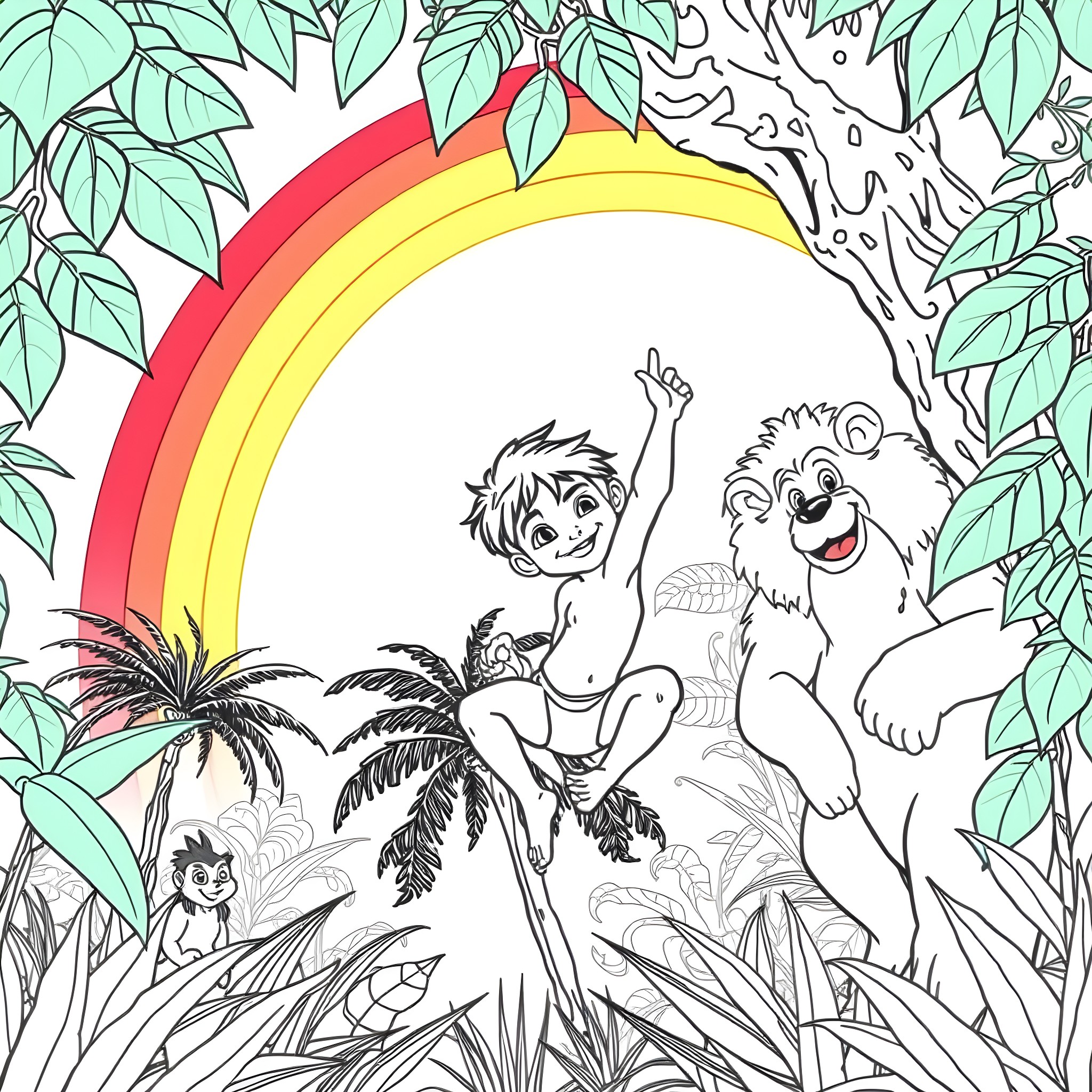 Jungle Book Characters in Playful Jungle Scene Coloring Page (free black-and-white line drawing printable PDF for all, from beginners to advanced learners, including children, teens, adults, and seniors)