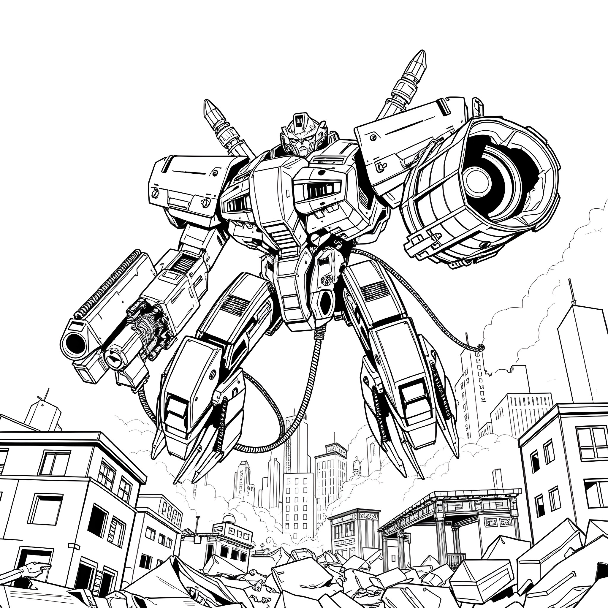 Nemesis: Colossal Mech Wreaking Havoc in the City Coloring Page (free black-and-white line drawing printable PDF for all, from beginners to advanced learners, including children, teens, adults, and seniors)