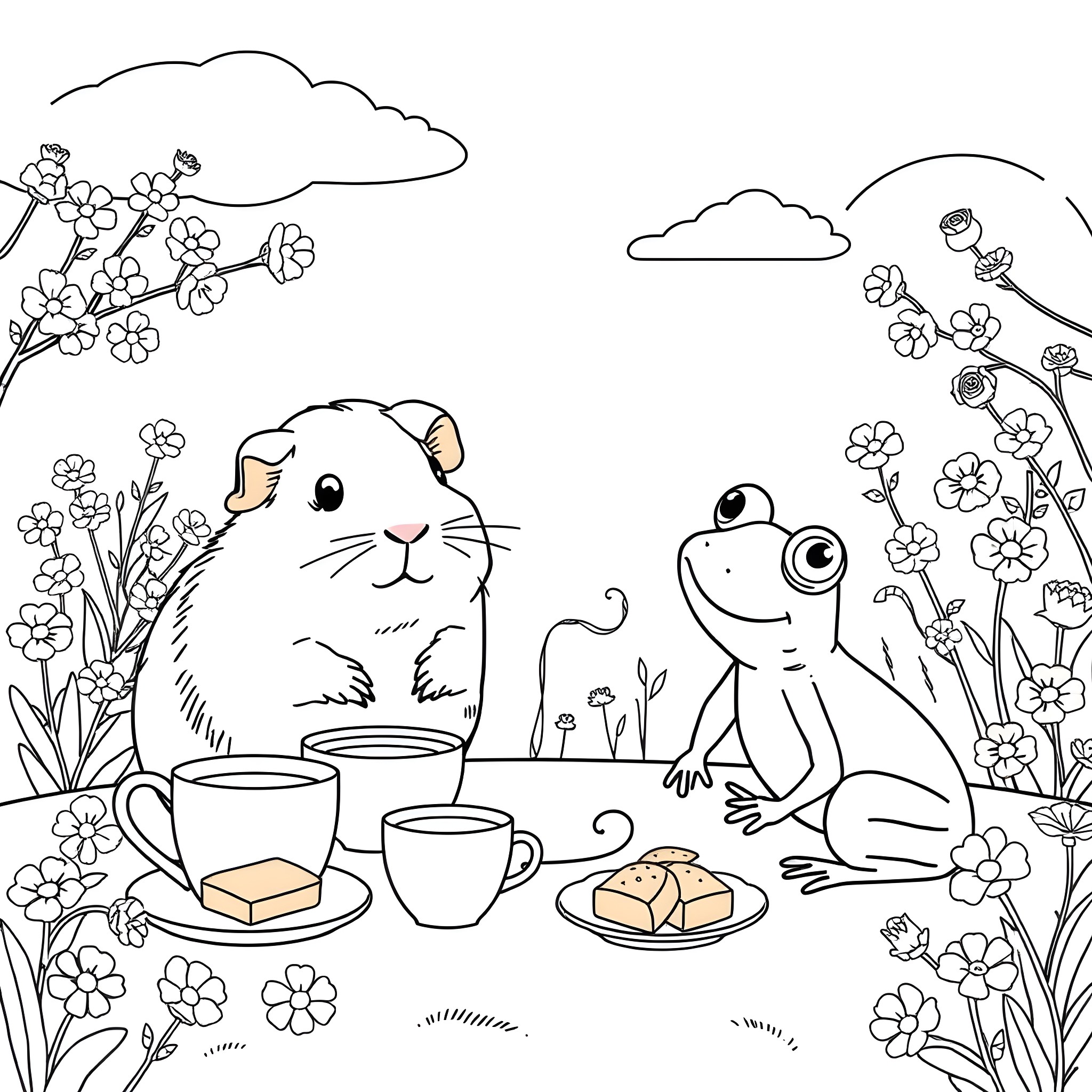Guinea Pig and Frog Enjoying Tea Time in the Garden Coloring Page (free black-and-white line drawing printable PDF for all, from beginners to advanced learners, including children, teens, adults, and seniors)