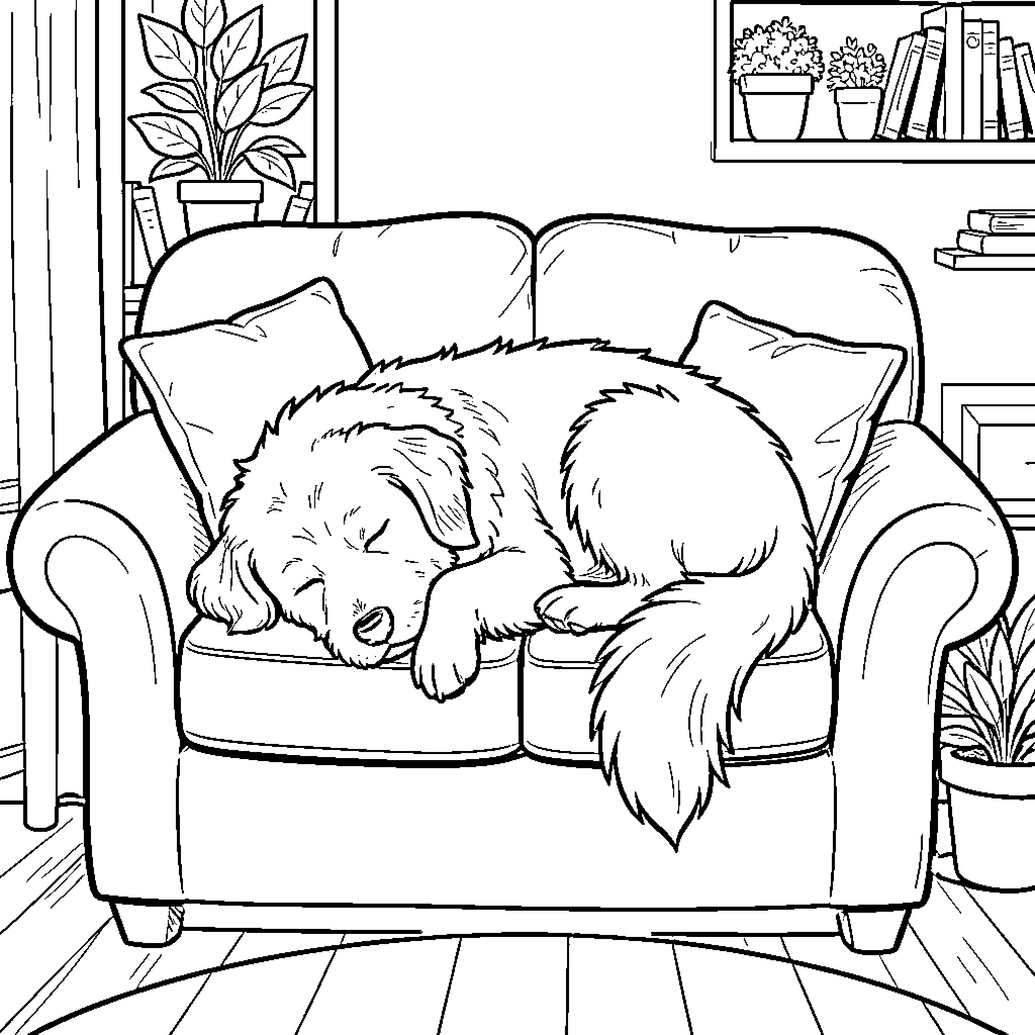Dog resting peacefully on cozy armchair Coloring Page (free black-and-white line drawing printable PDF for all, from beginners to advanced learners, including children, teens, adults, and seniors)