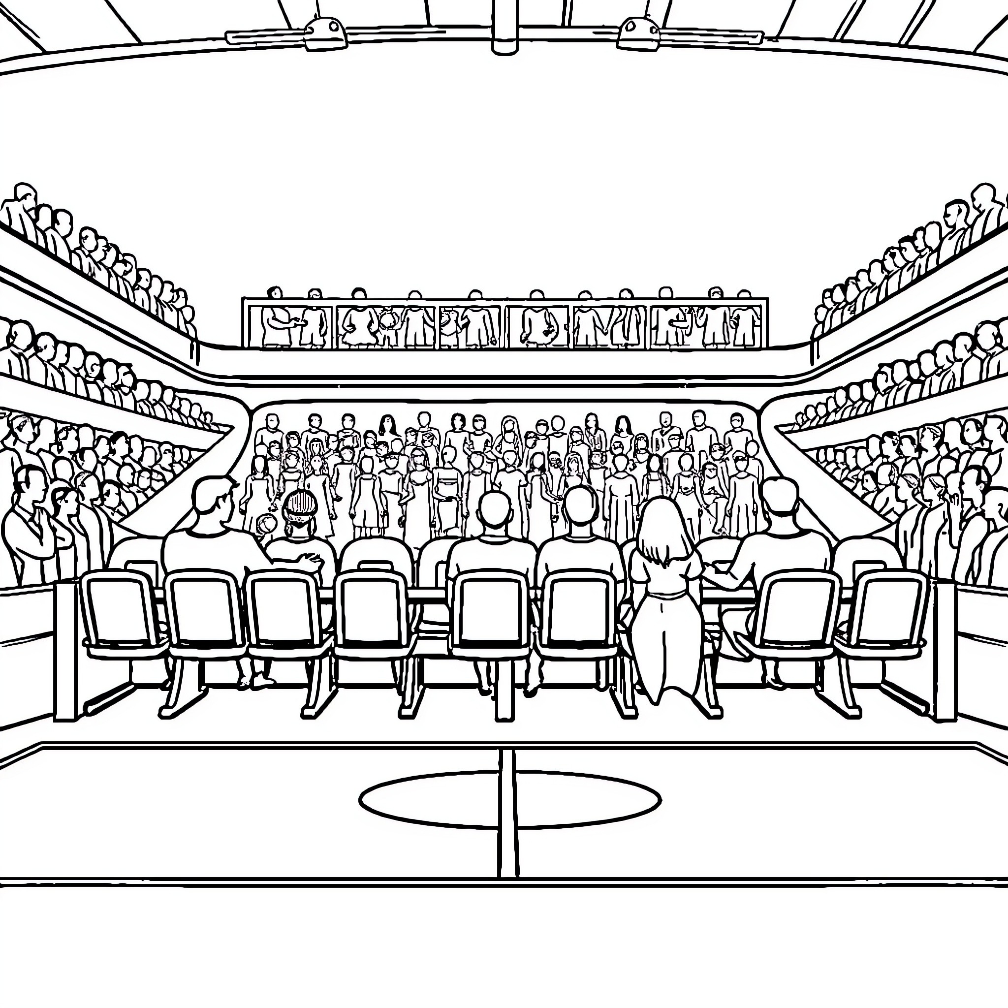 Futsal match in a crowded stadium Coloring Page (free black-and-white line drawing printable PDF for all, from beginners to advanced learners, including children, teens, adults, and seniors)