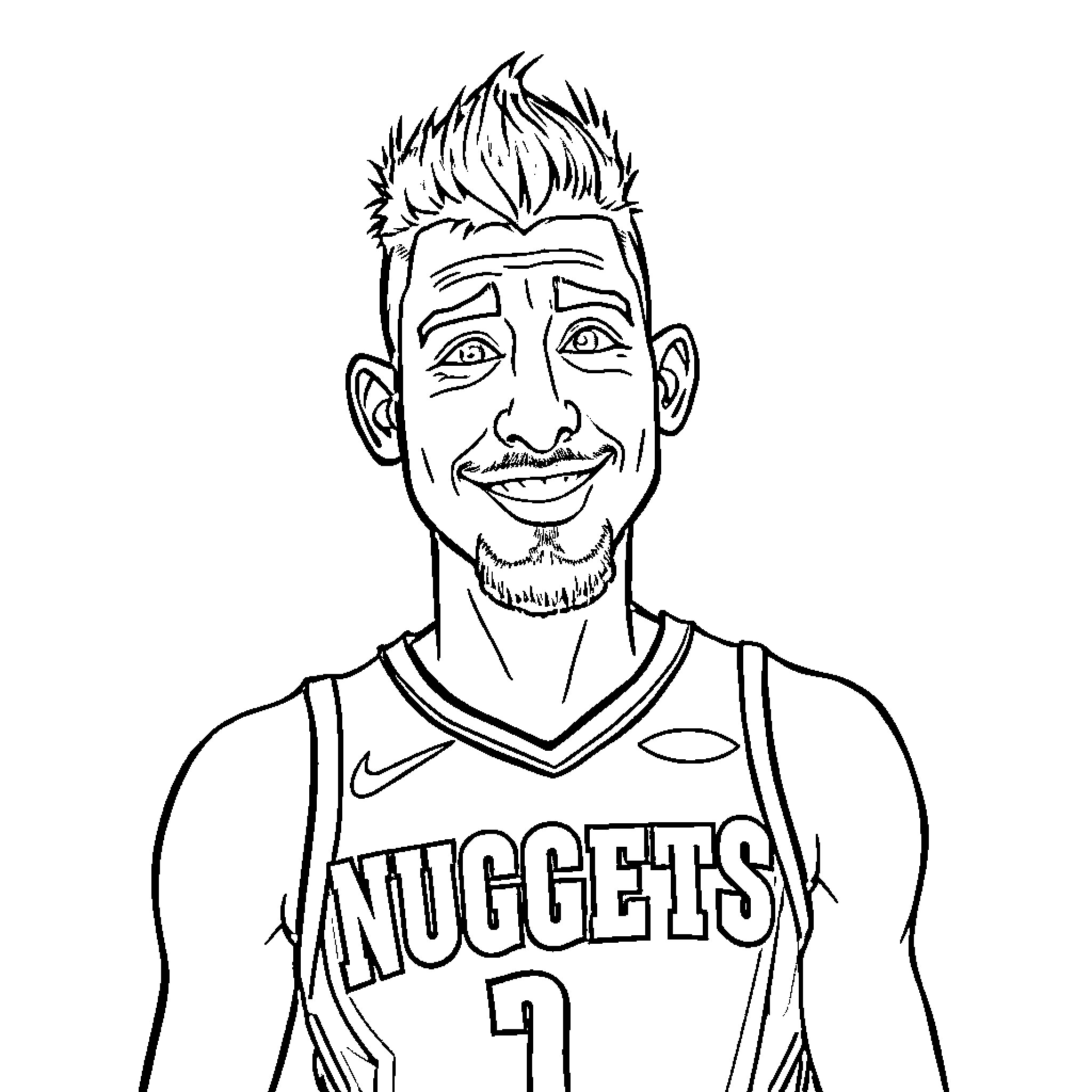 Nikola Jokic in Basketball Uniform and Smiling Expression Coloring Page (free black-and-white line drawing printable PDF for all, from beginners to advanced learners, including children, teens, adults, and seniors)