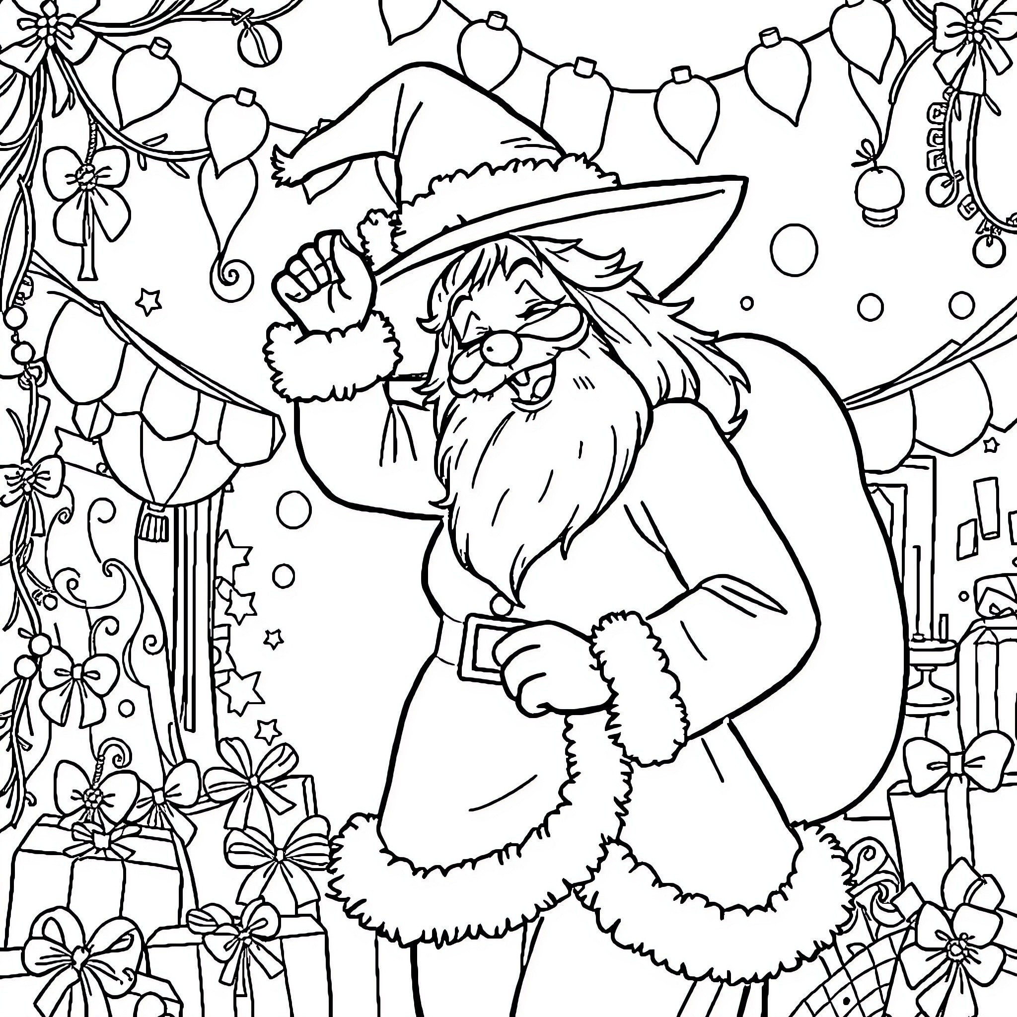 Witch casting magical spells amidst holiday decorations Coloring Page (free black-and-white line drawing printable PDF for all, from beginners to advanced learners, including children, teens, adults, and seniors)
