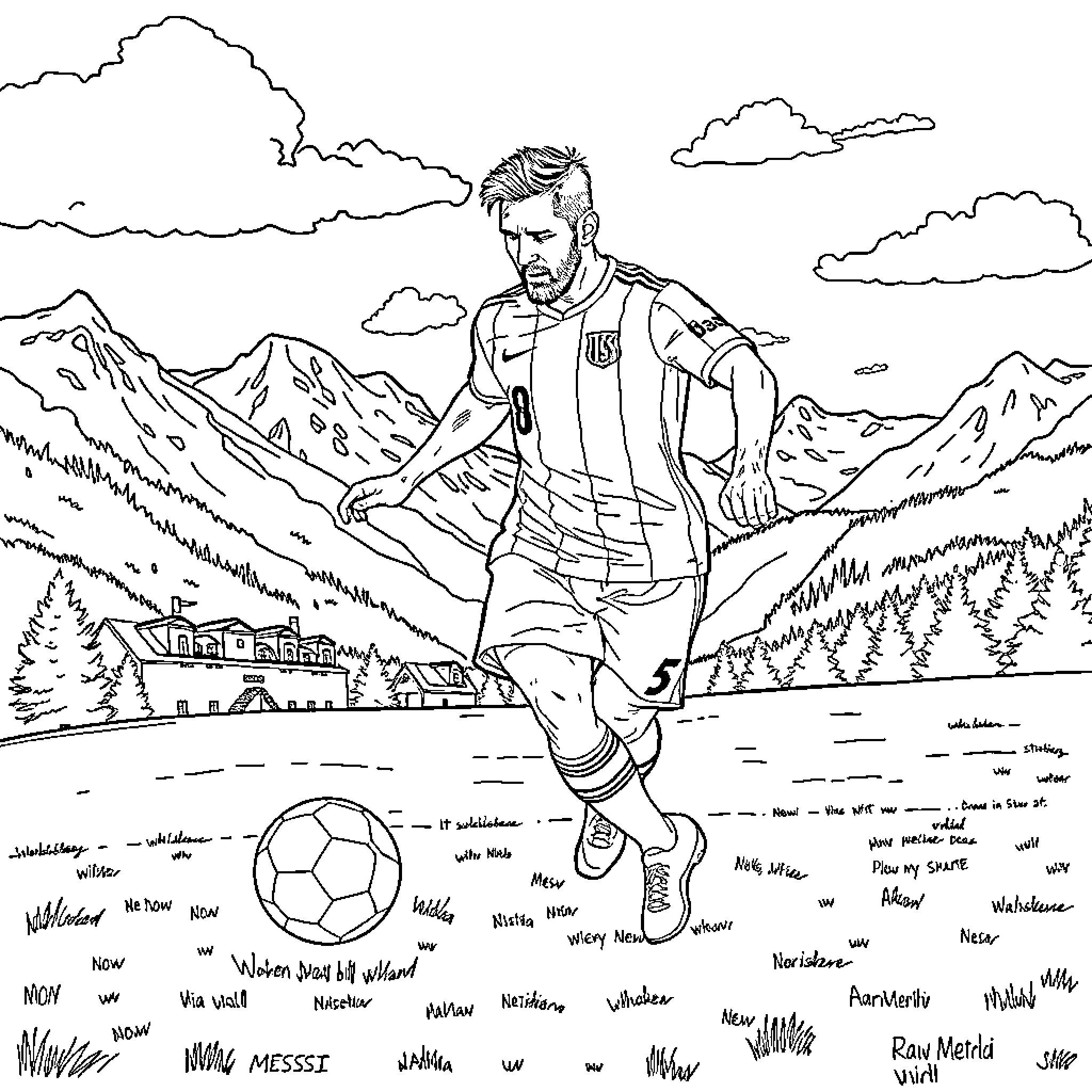 Messi playing soccer in the mountains Coloring Page (free black-and-white line drawing printable PDF for all, from beginners to advanced learners, including children, teens, adults, and seniors)