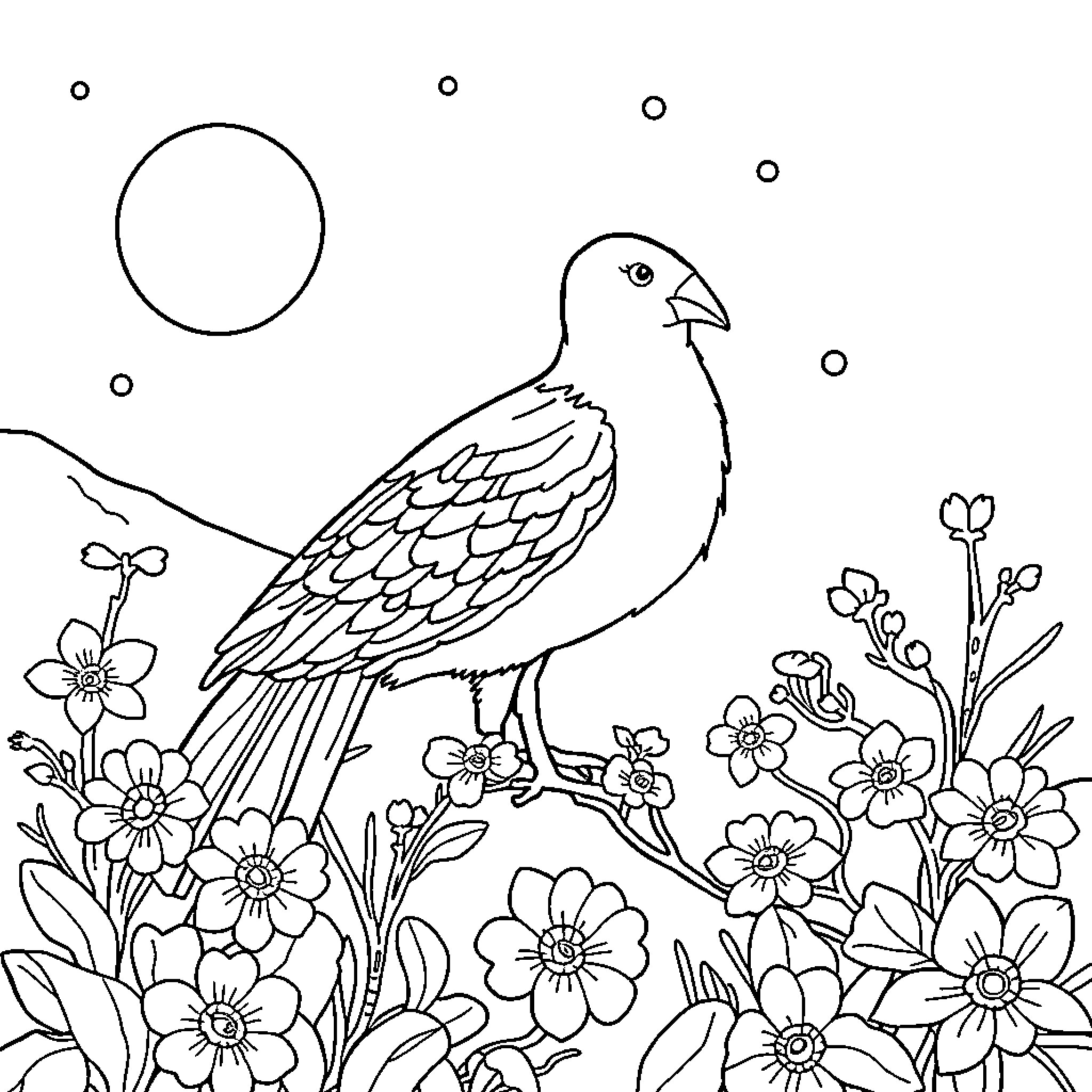 Cat perched amidst blooming flowers Coloring Page (free black-and-white line drawing printable PDF for all, from beginners to advanced learners, including children, teens, adults, and seniors)