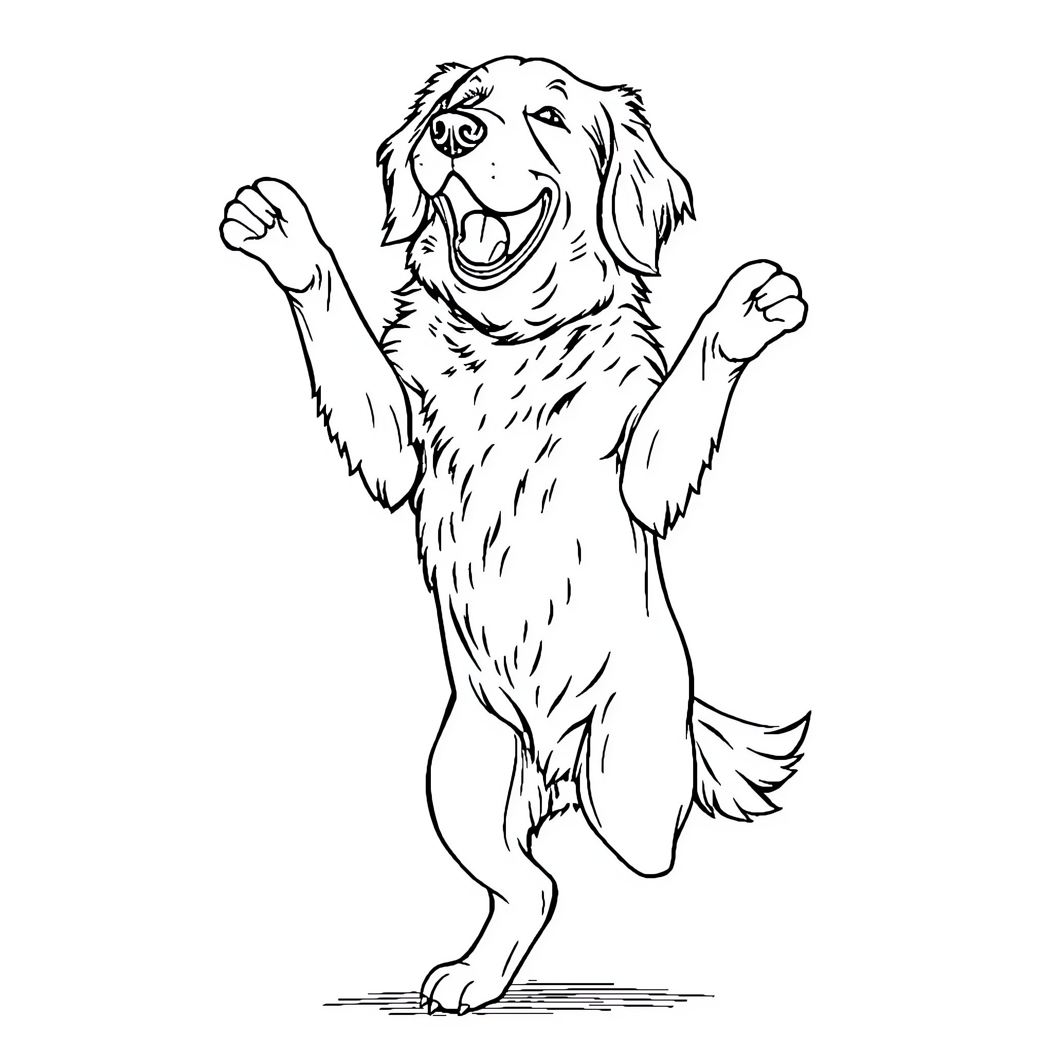 Golden Retriever happily jumping with excitement Coloring Page (free black-and-white line drawing printable PDF for all, from beginners to advanced learners, including children, teens, adults, and seniors)