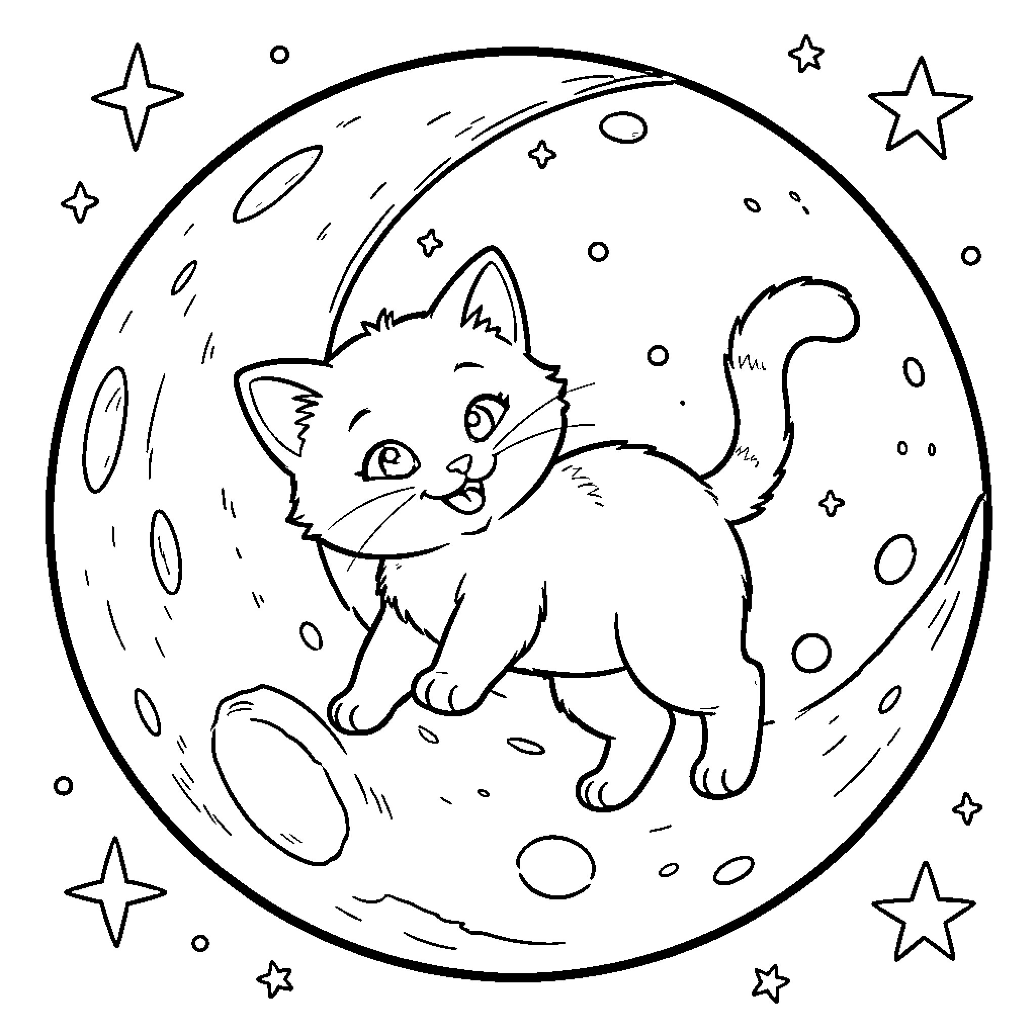 Cat exploring the cosmic scene Coloring Page (free black-and-white line drawing printable PDF for all, from beginners to advanced learners, including children, teens, adults, and seniors)