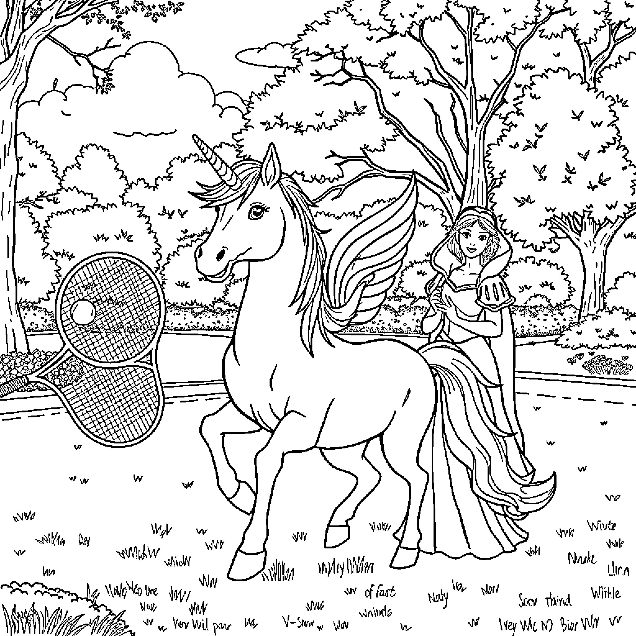 Unicorn and maiden playing in enchanted forest Coloring Page (free black-and-white line drawing printable PDF for all, from beginners to advanced learners, including children, teens, adults, and seniors)