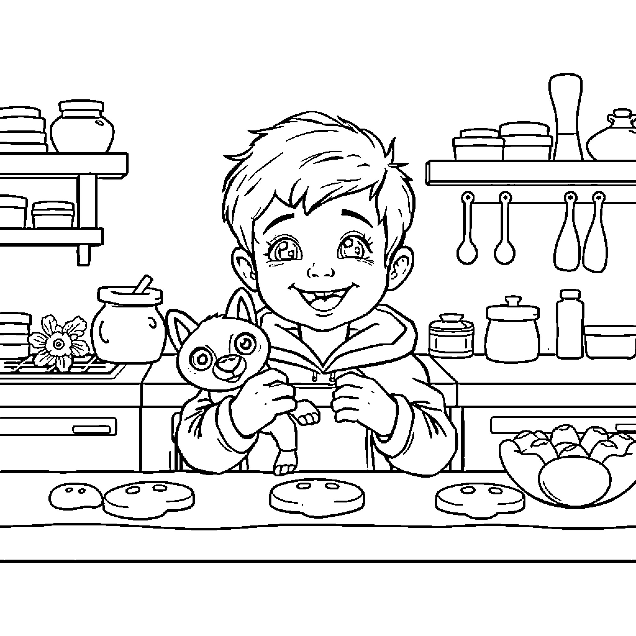 Petit Garçon playing with toys in the kitchen Coloring Page (free black-and-white line drawing printable PDF for all, from beginners to advanced learners, including children, teens, adults, and seniors)