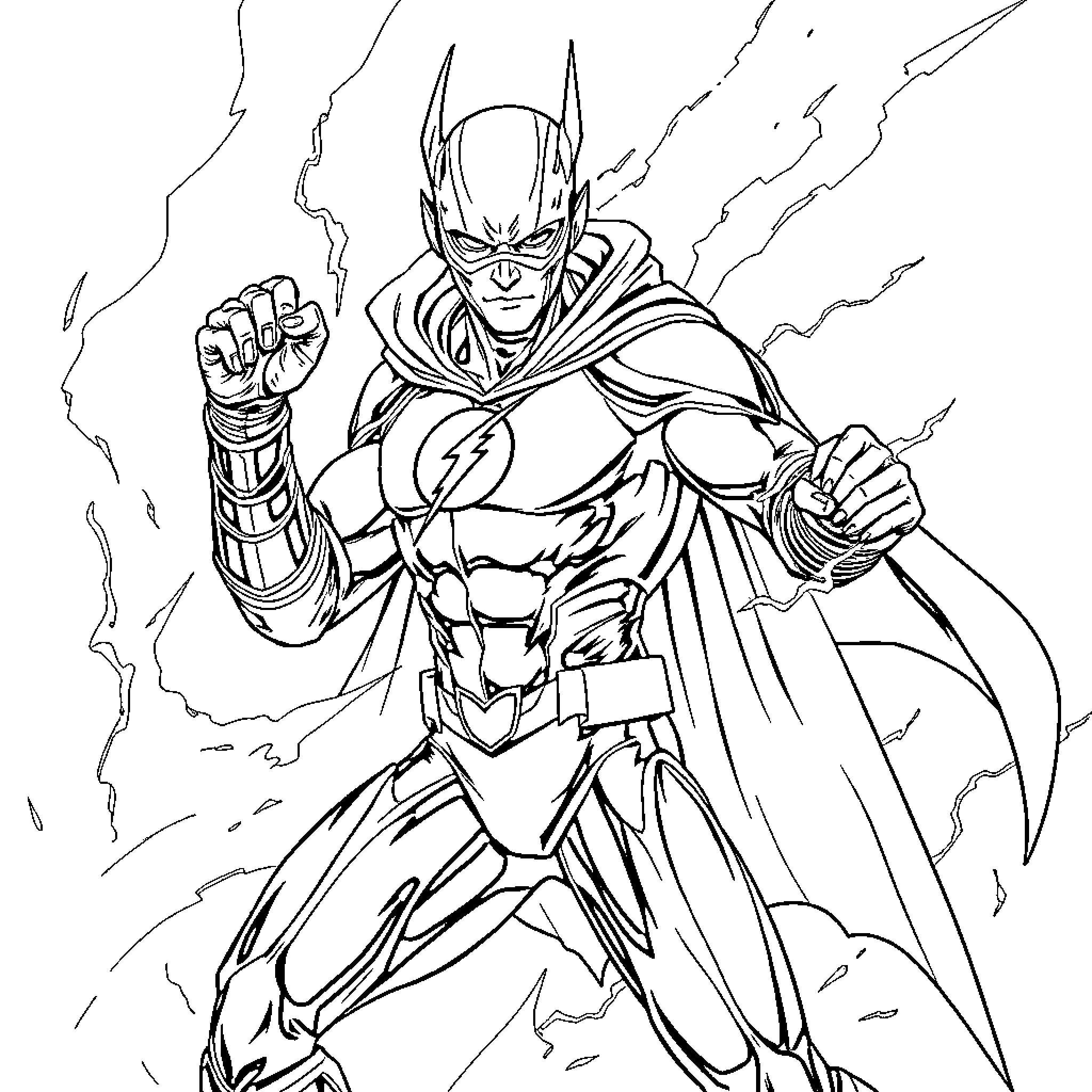 Flash Hero Unleashes Powerful Energy Coloring Page (free black-and-white line drawing printable PDF for all, from beginners to advanced learners, including children, teens, adults, and seniors)
