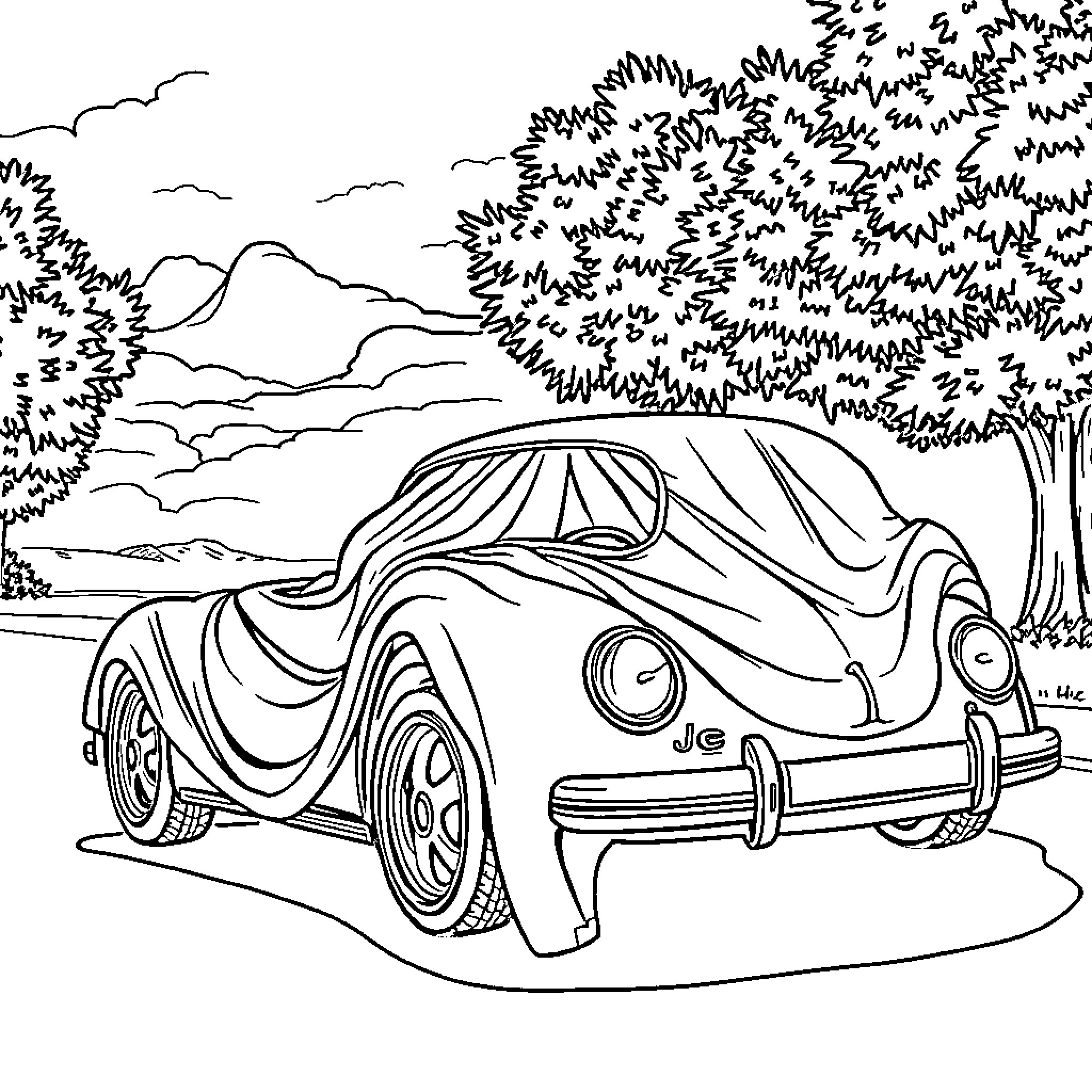 Car in nature landscape Coloring Page (free black-and-white line drawing printable PDF for all, from beginners to advanced learners, including children, teens, adults, and seniors)
