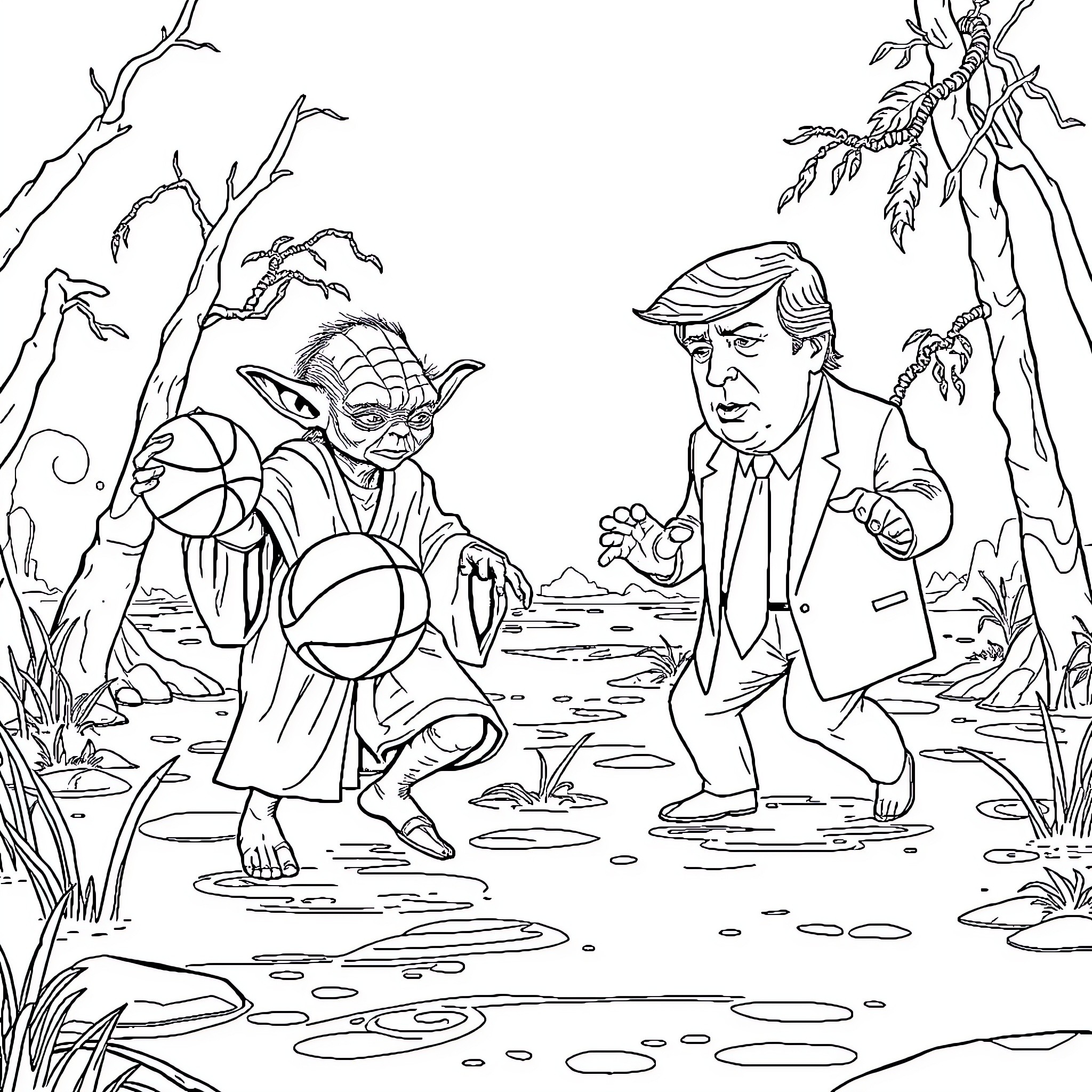 Yoda teaching Trump in a mystical forest Coloring Page (free black-and-white line drawing printable PDF for all, from beginners to advanced learners, including children, teens, adults, and seniors)