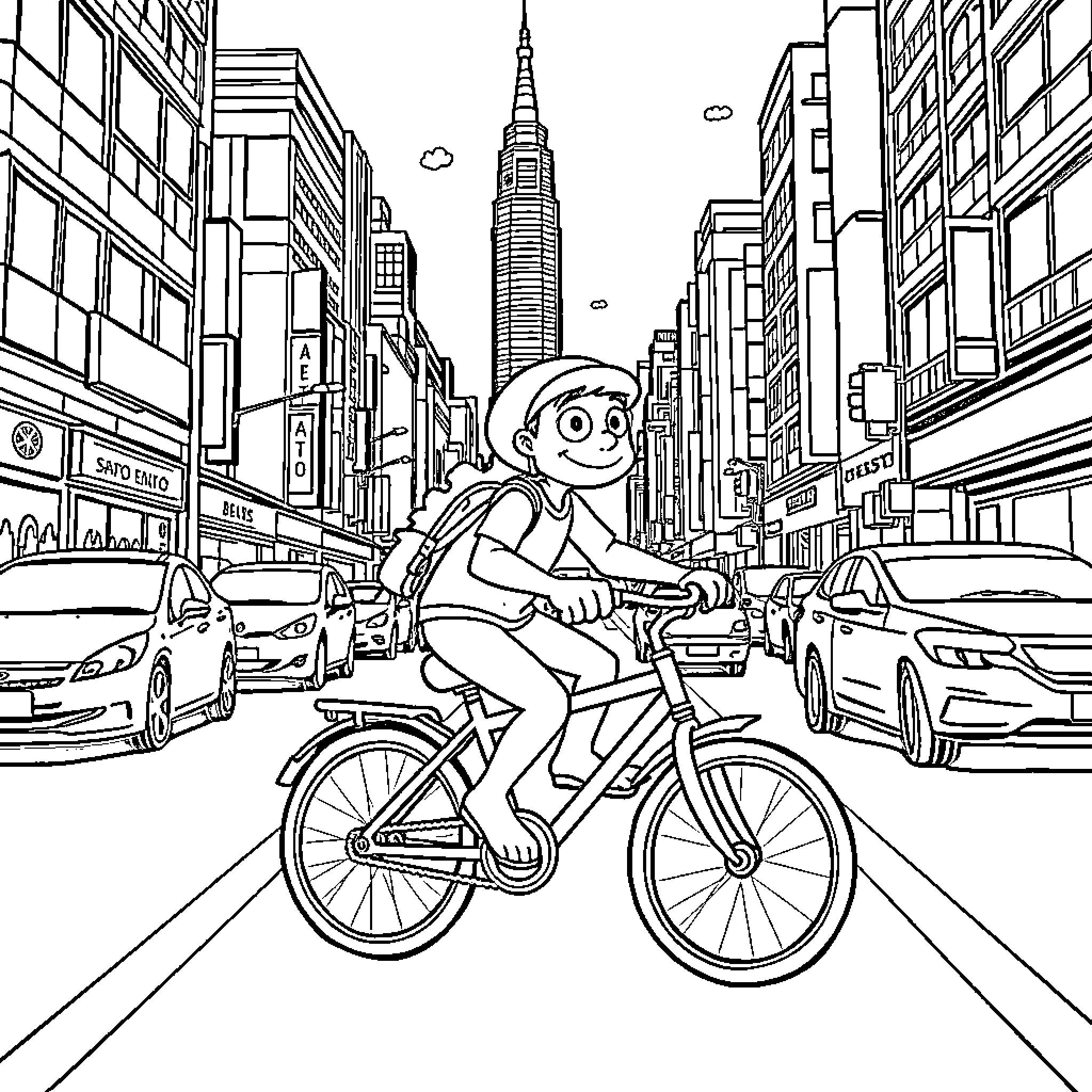 Toad cycling through the bustling city streets Coloring Page (free black-and-white line drawing printable PDF for all, from beginners to advanced learners, including children, teens, adults, and seniors)