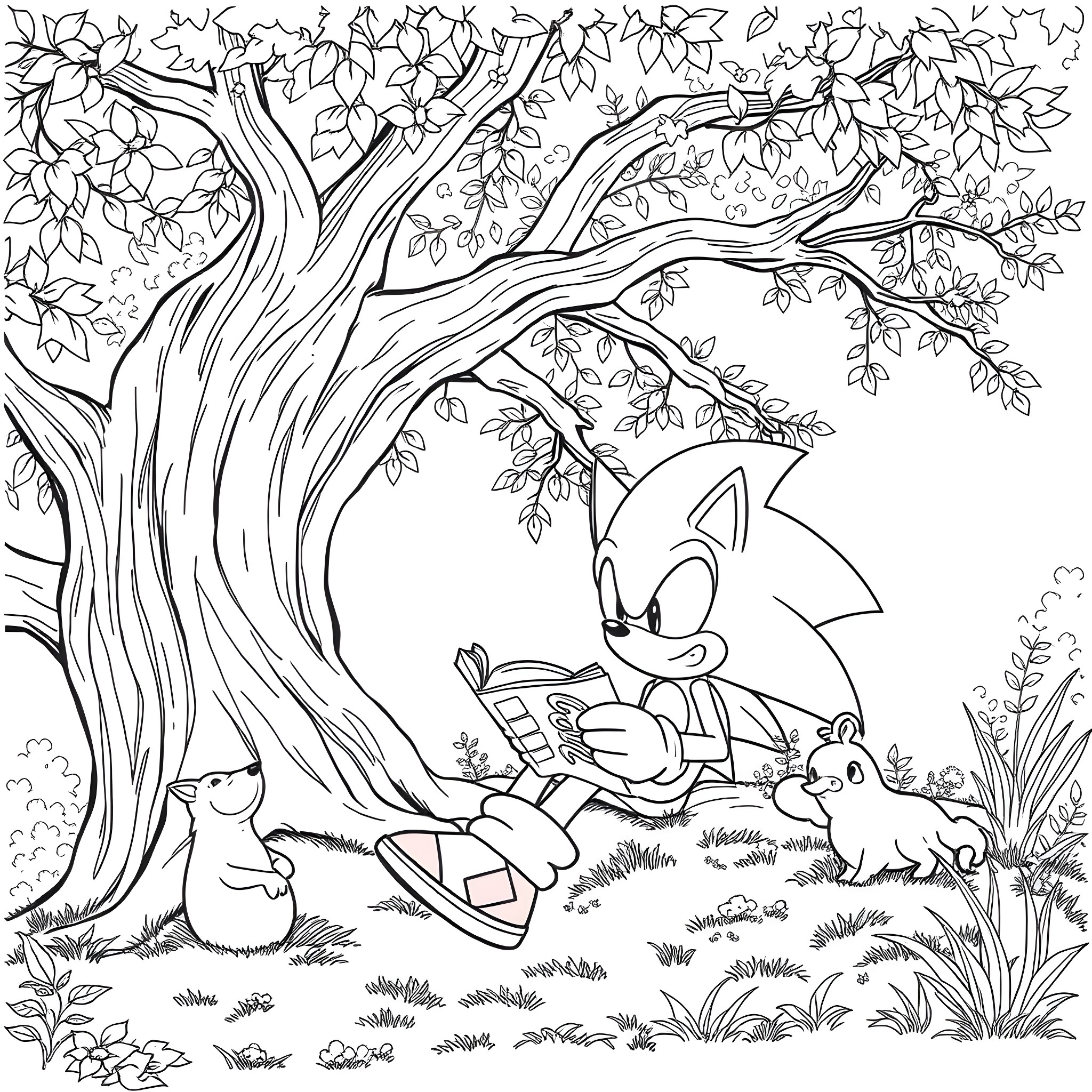 Sonic's Peaceful Reading in the Forest Coloring Page (free black-and-white line drawing printable PDF for all, from beginners to advanced learners, including children, teens, adults, and seniors)