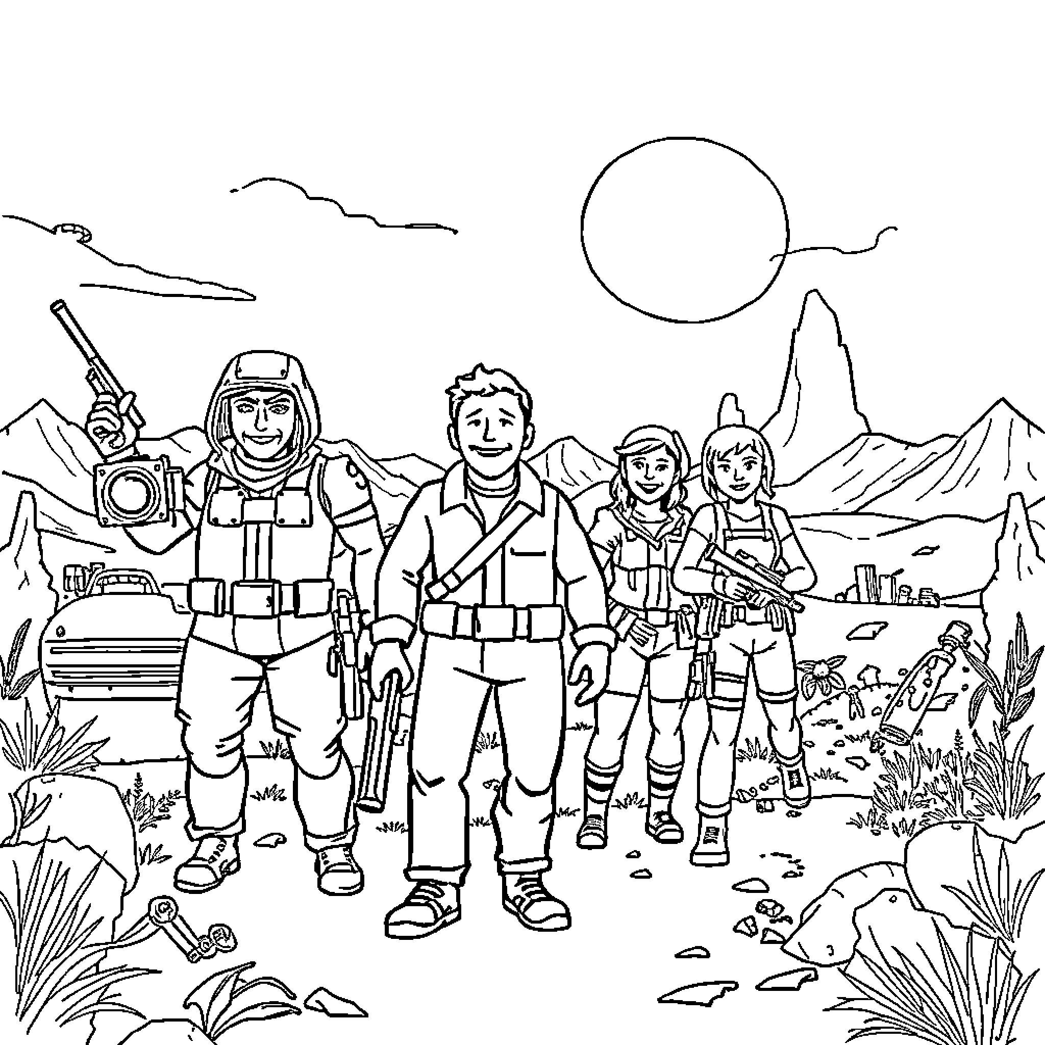 Fallout: Survivors Navigating the Wasteland Coloring Page (free black-and-white line drawing printable PDF for all, from beginners to advanced learners, including children, teens, adults, and seniors)