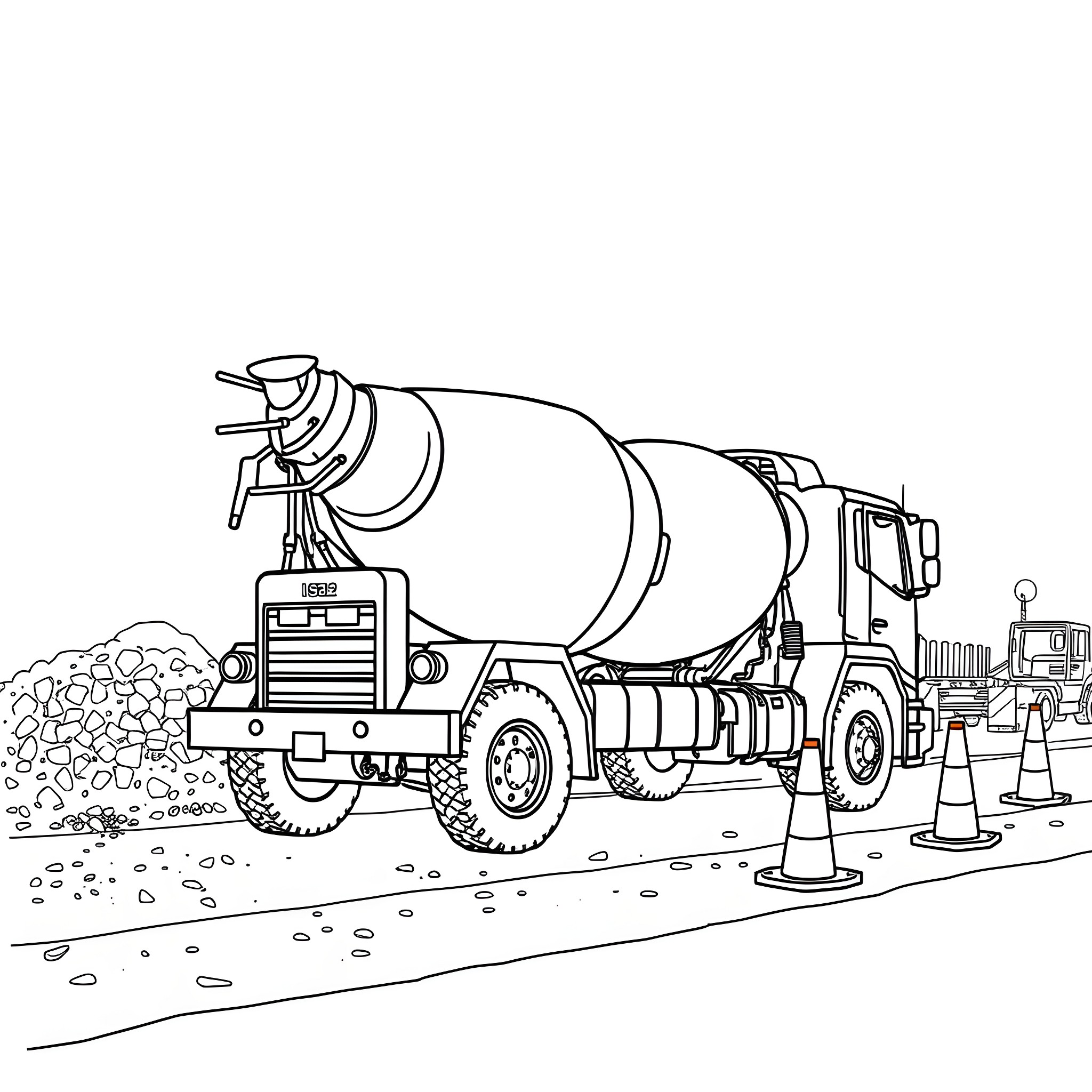 Mixer Truck Delivering Concrete on Construction Site Coloring Page (free black-and-white line drawing printable PDF for all, from beginners to advanced learners, including children, teens, adults, and seniors)