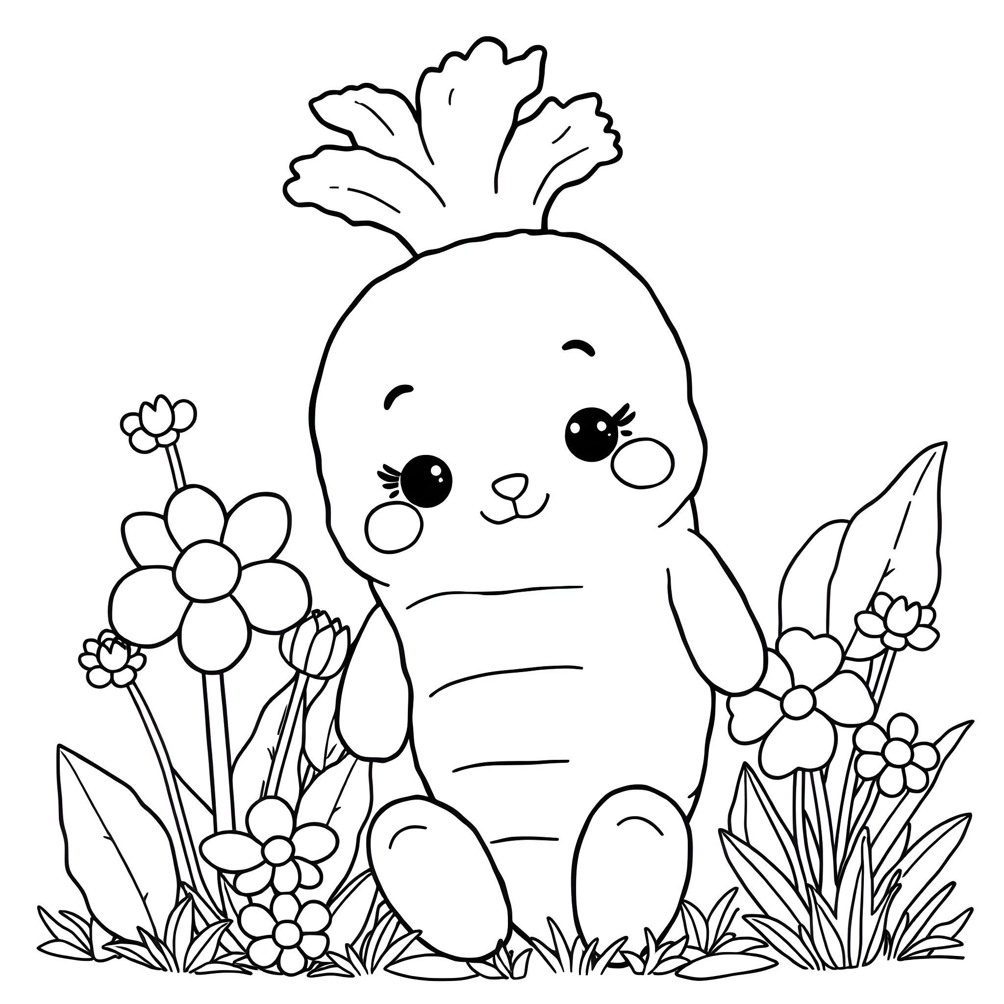 Carrot character surrounded by flowers Coloring Page (free black-and-white line drawing printable PDF for all, from beginners to advanced learners, including children, teens, adults, and seniors)