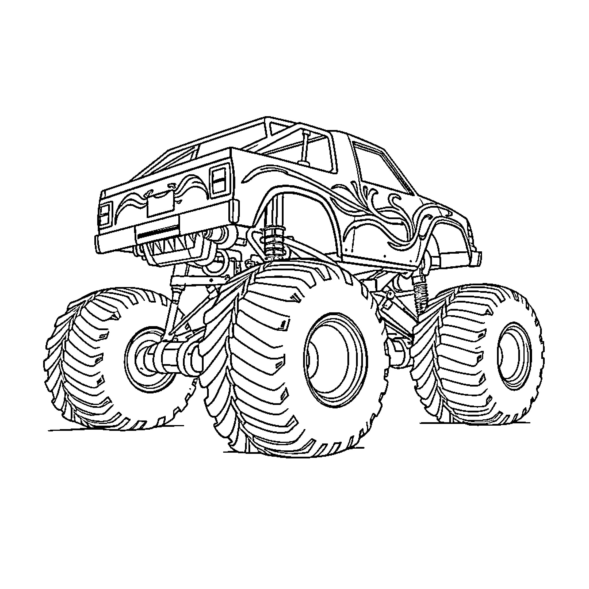 Monster Truck Performing Thrilling Stunts Coloring Page (free black-and-white line drawing printable PDF for all, from beginners to advanced learners, including children, teens, adults, and seniors)