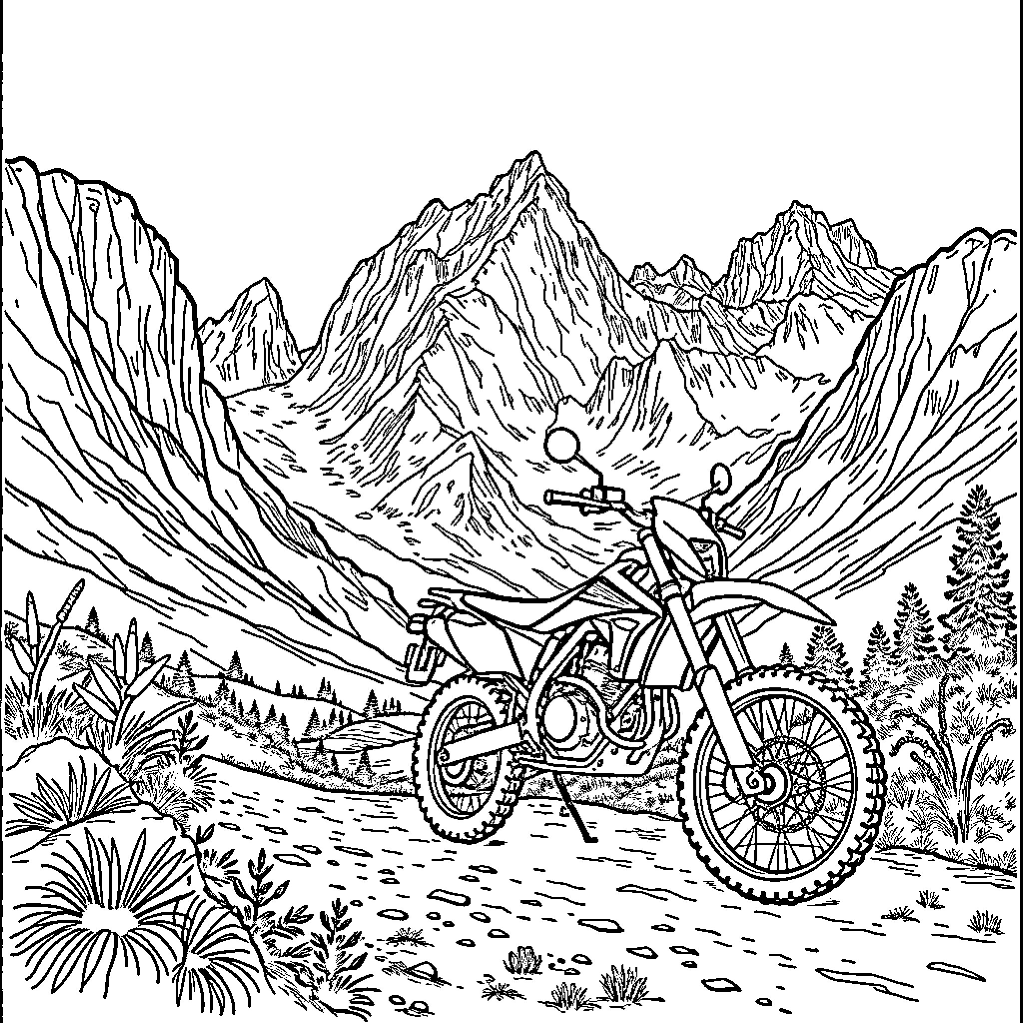 Dirt Bike Riding Through Rugged Mountain Terrain Coloring Page (free black-and-white line drawing printable PDF for all, from beginners to advanced learners, including children, teens, adults, and seniors)