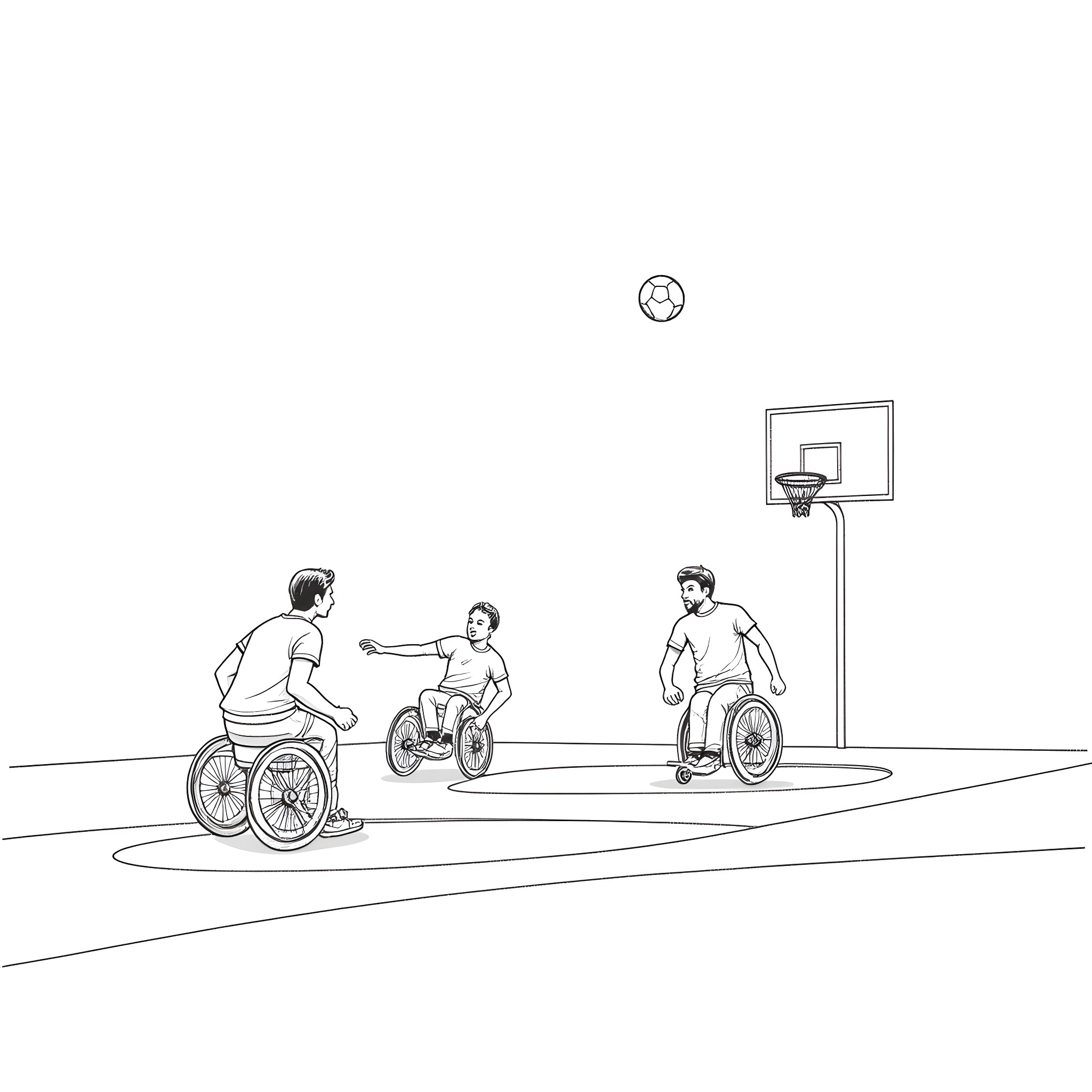 Wheelchair users playing basketball together Coloring Page (free black-and-white line drawing printable PDF for all, from beginners to advanced learners, including children, teens, adults, and seniors)