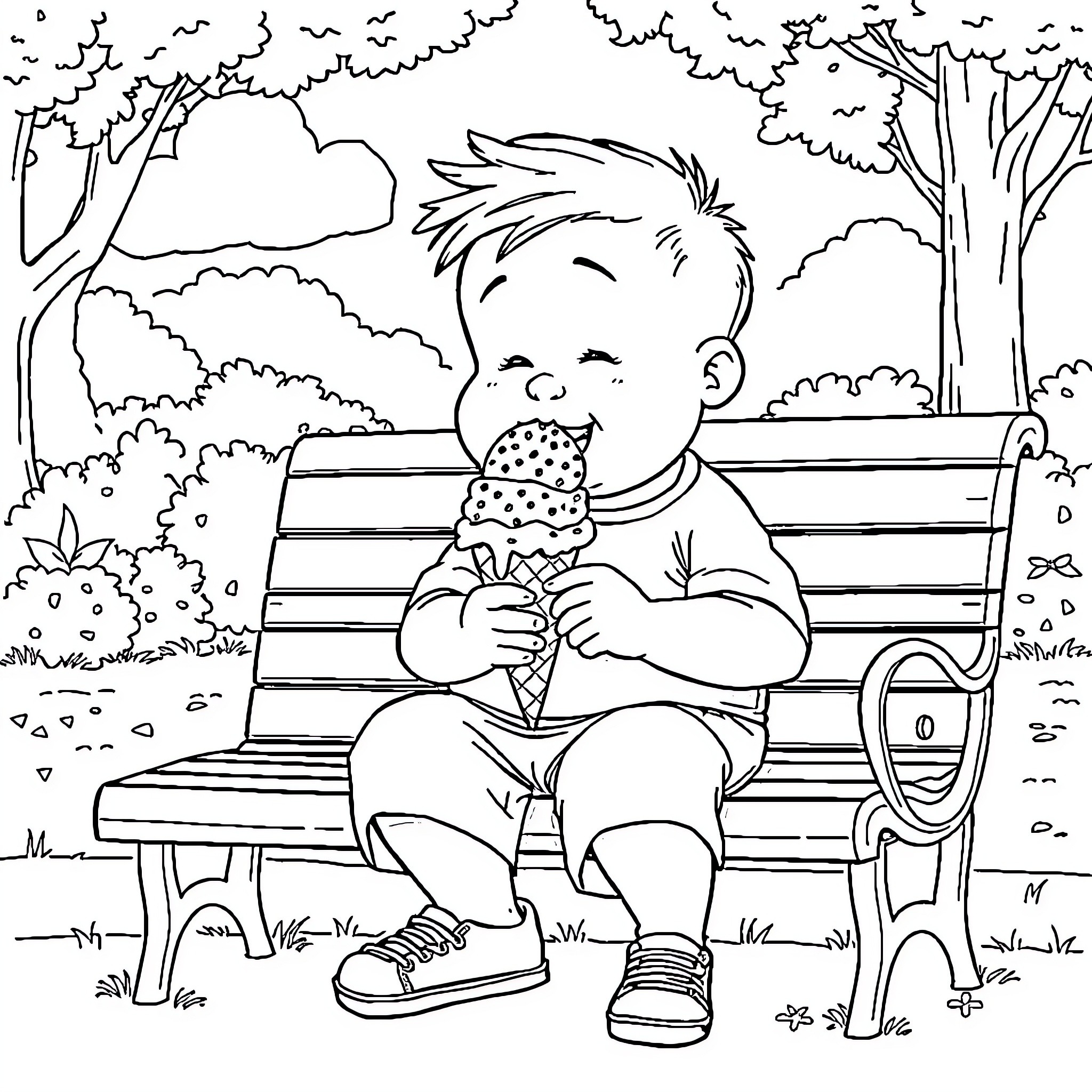 Boy Enjoying a Delightful Ice Cream Treat on the Park Bench Coloring Page (free black-and-white line drawing printable PDF for all, from beginners to advanced learners, including children, teens, adults, and seniors)