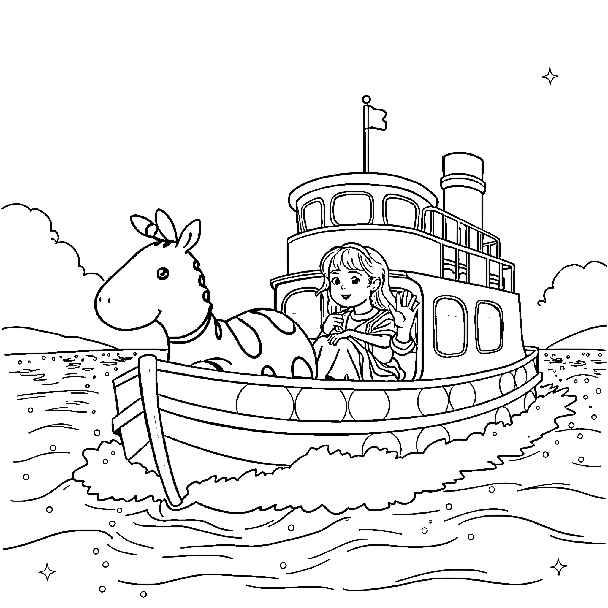 Bamse sailing on a boat with a friend Coloring Page (free black-and-white line drawing printable PDF for all, from beginners to advanced learners, including children, teens, adults, and seniors)