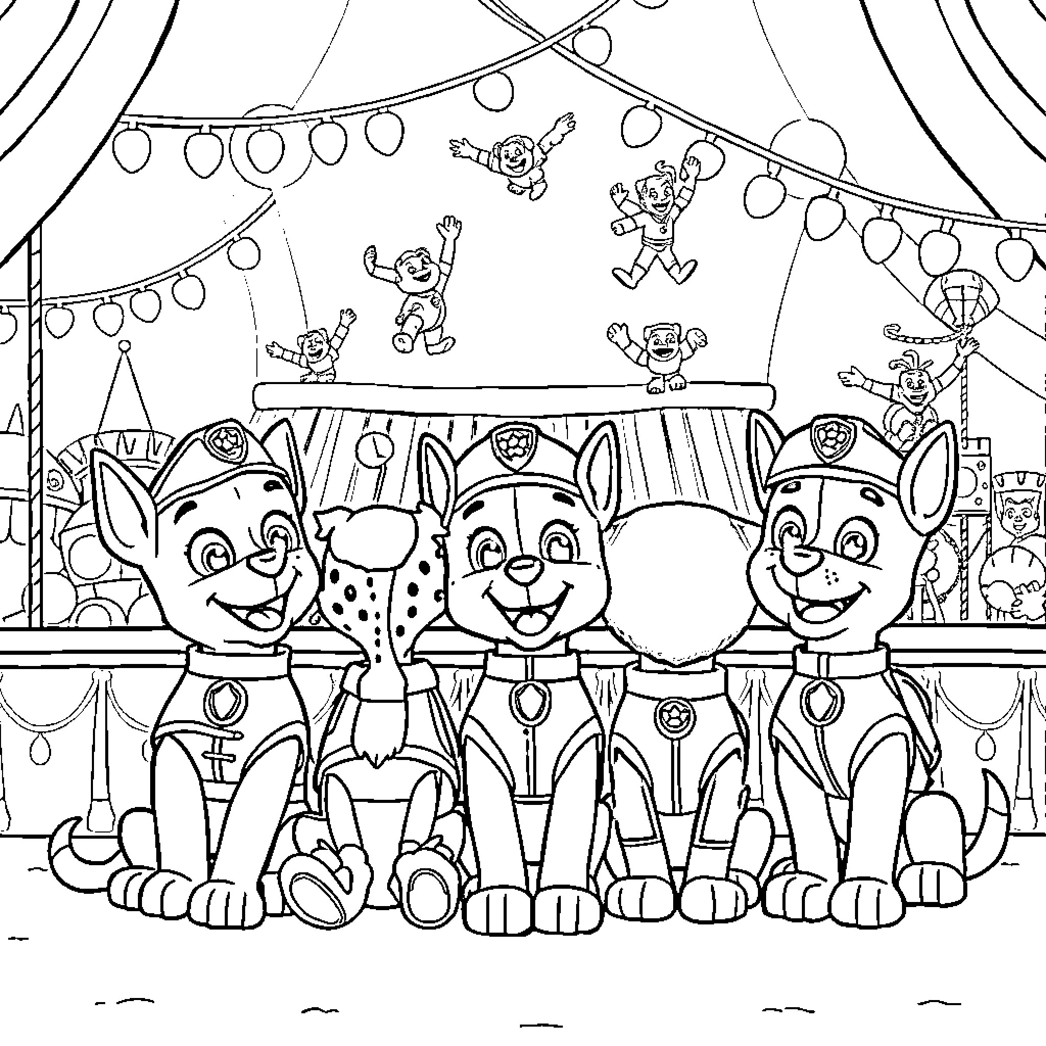 Paw Patrol characters performing in circus show Coloring Page (free black-and-white line drawing printable PDF for all, from beginners to advanced learners, including children, teens, adults, and seniors)