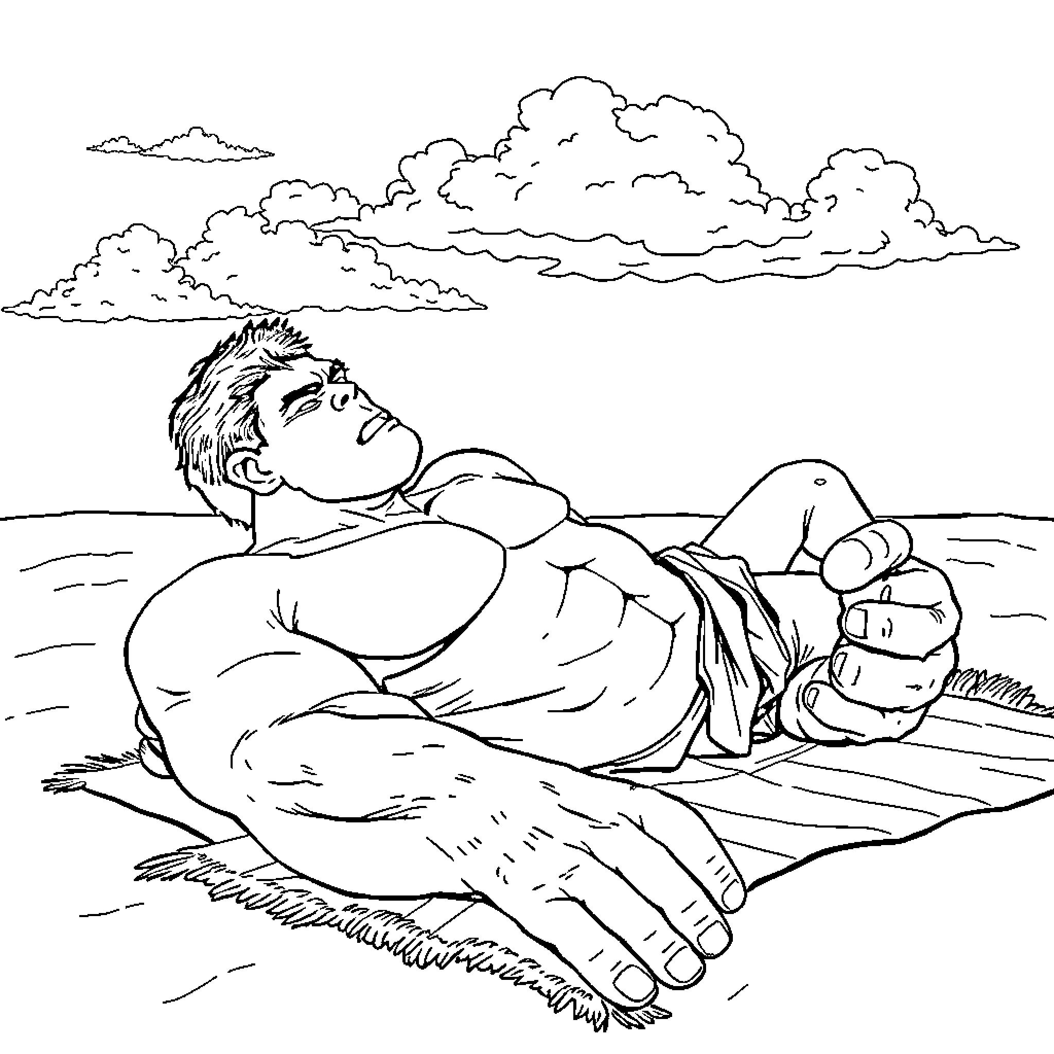 Hulk resting peacefully on the beach Coloring Page (free black-and-white line drawing printable PDF for all, from beginners to advanced learners, including children, teens, adults, and seniors)