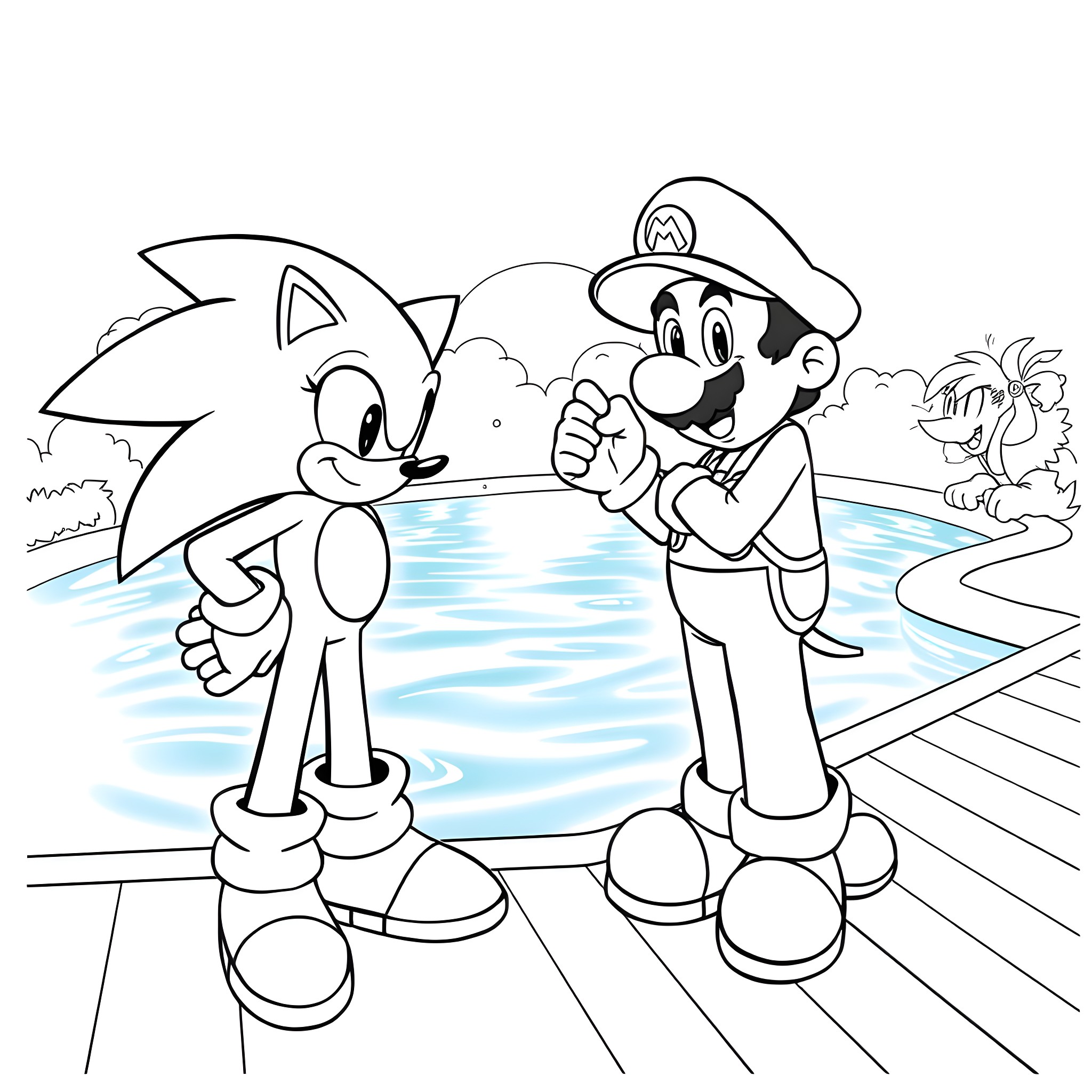 Sonic and Mario go on an adventure together Coloring Page (free black-and-white line drawing printable PDF for all, from beginners to advanced learners, including children, teens, adults, and seniors)