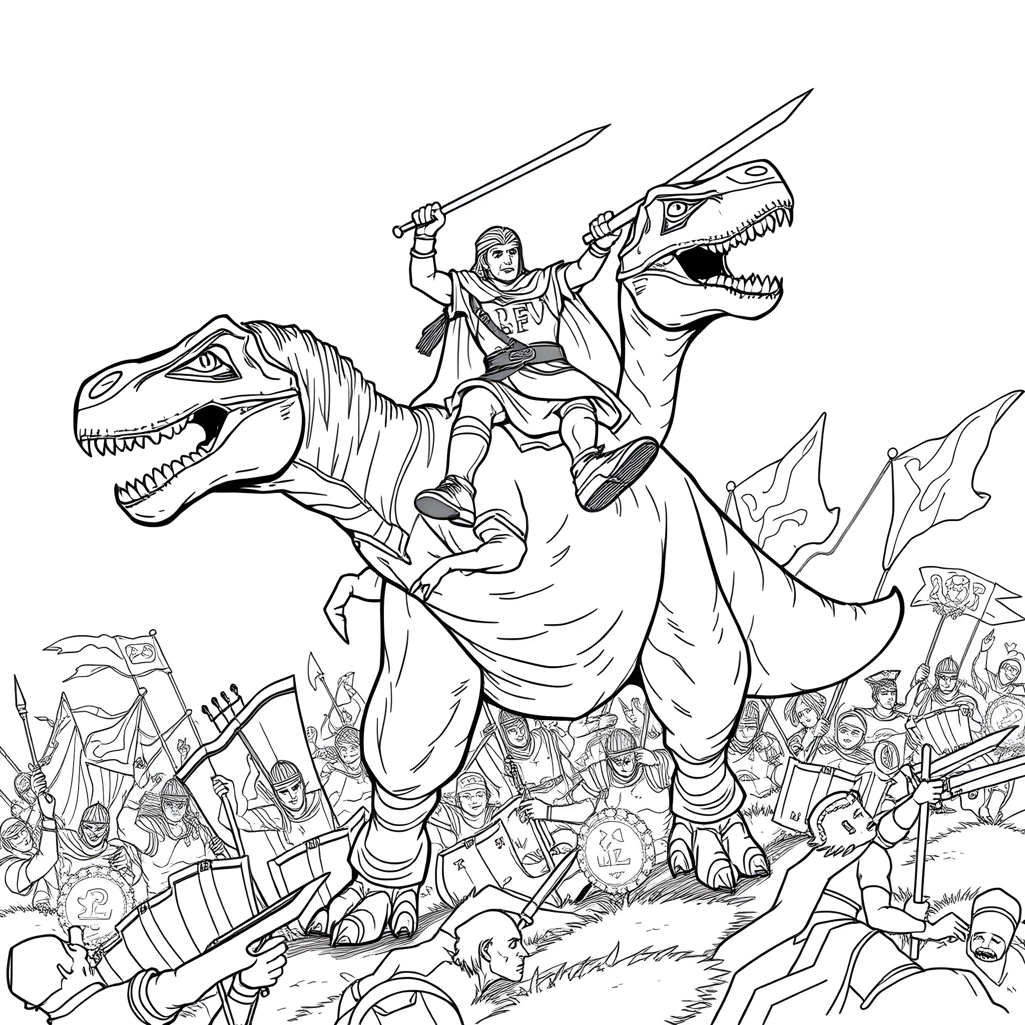 T-Rex Rider Leading Charge Against Foes Coloring Page (free black-and-white line drawing printable PDF for all, from beginners to advanced learners, including children, teens, adults, and seniors)