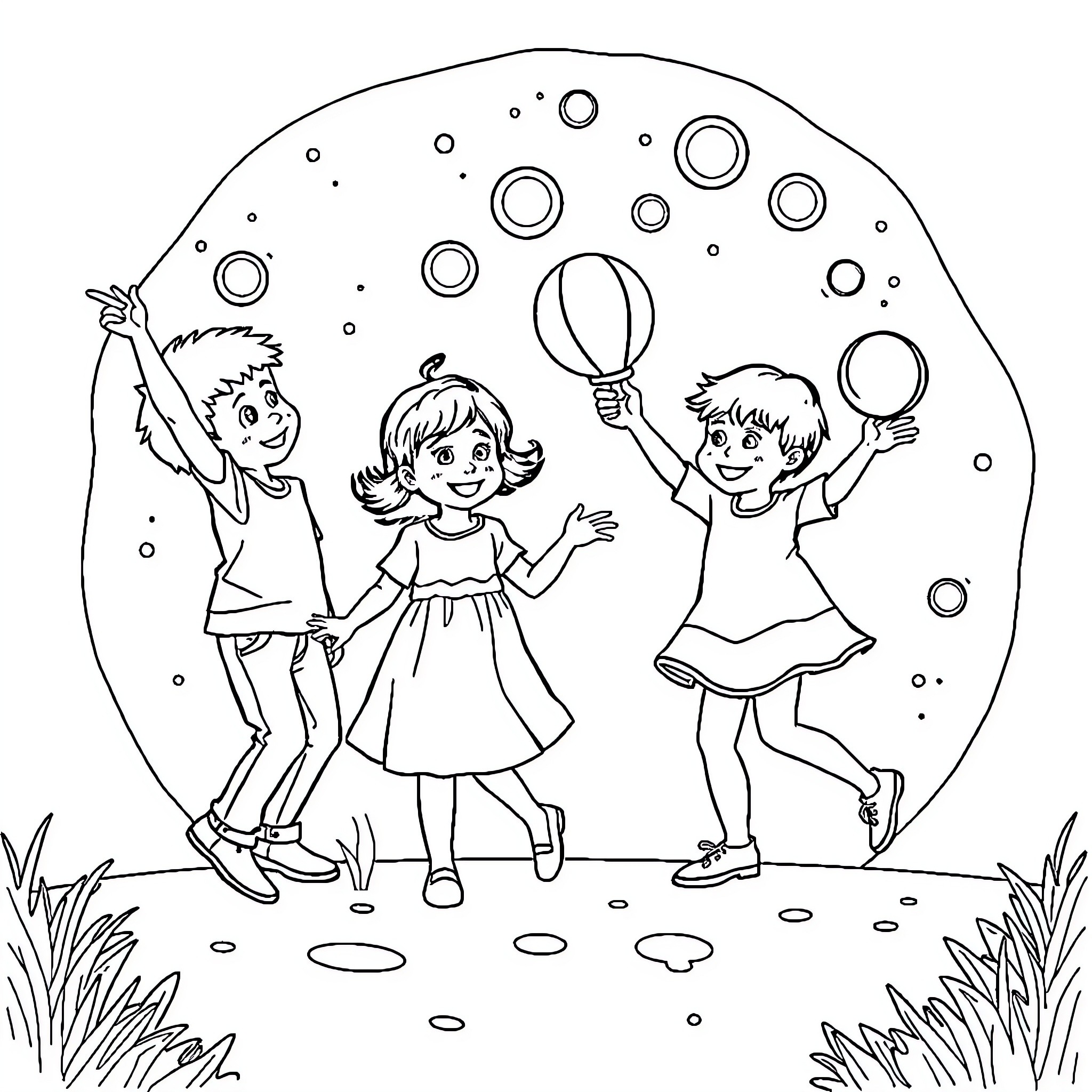 Niño playing with bubbles and friends in nature Coloring Page (free black-and-white line drawing printable PDF for all, from beginners to advanced learners, including children, teens, adults, and seniors)