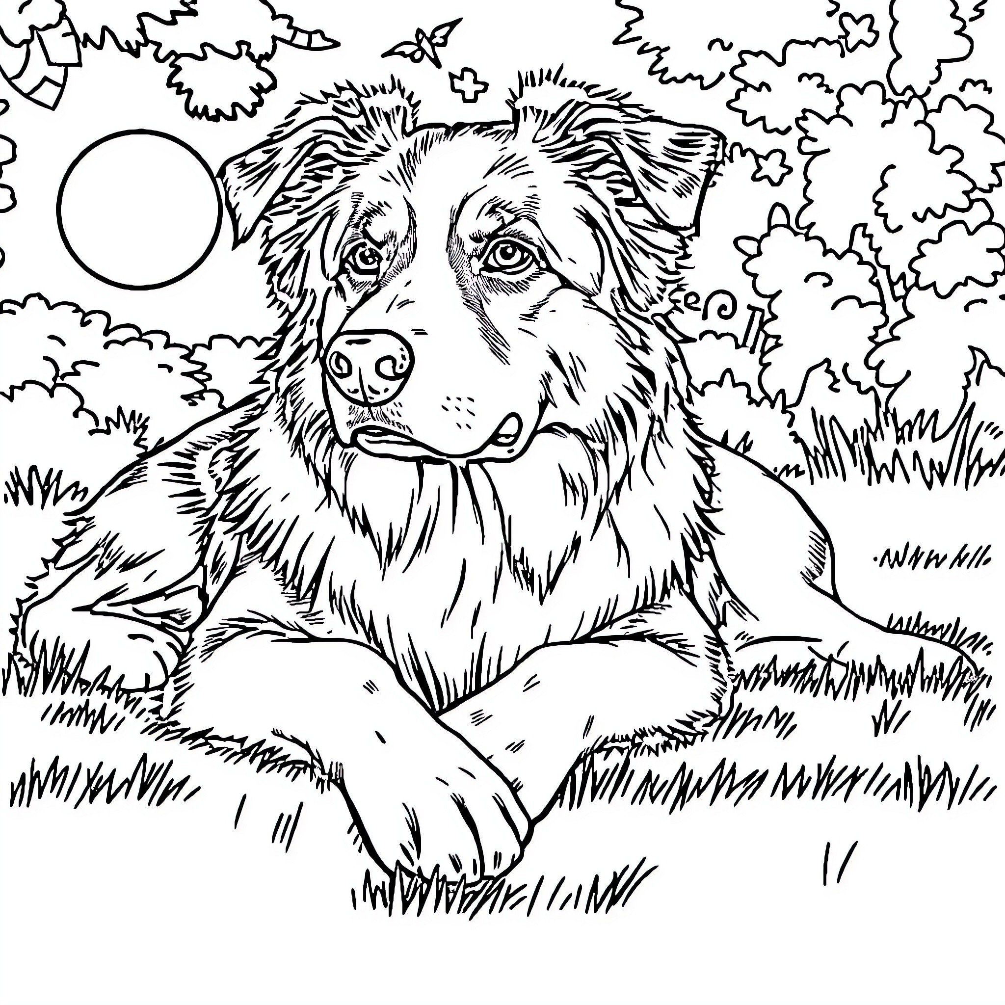 Australian Shepherd enjoying the outdoors Coloring Page (free black-and-white line drawing printable PDF for all, from beginners to advanced learners, including children, teens, adults, and seniors)