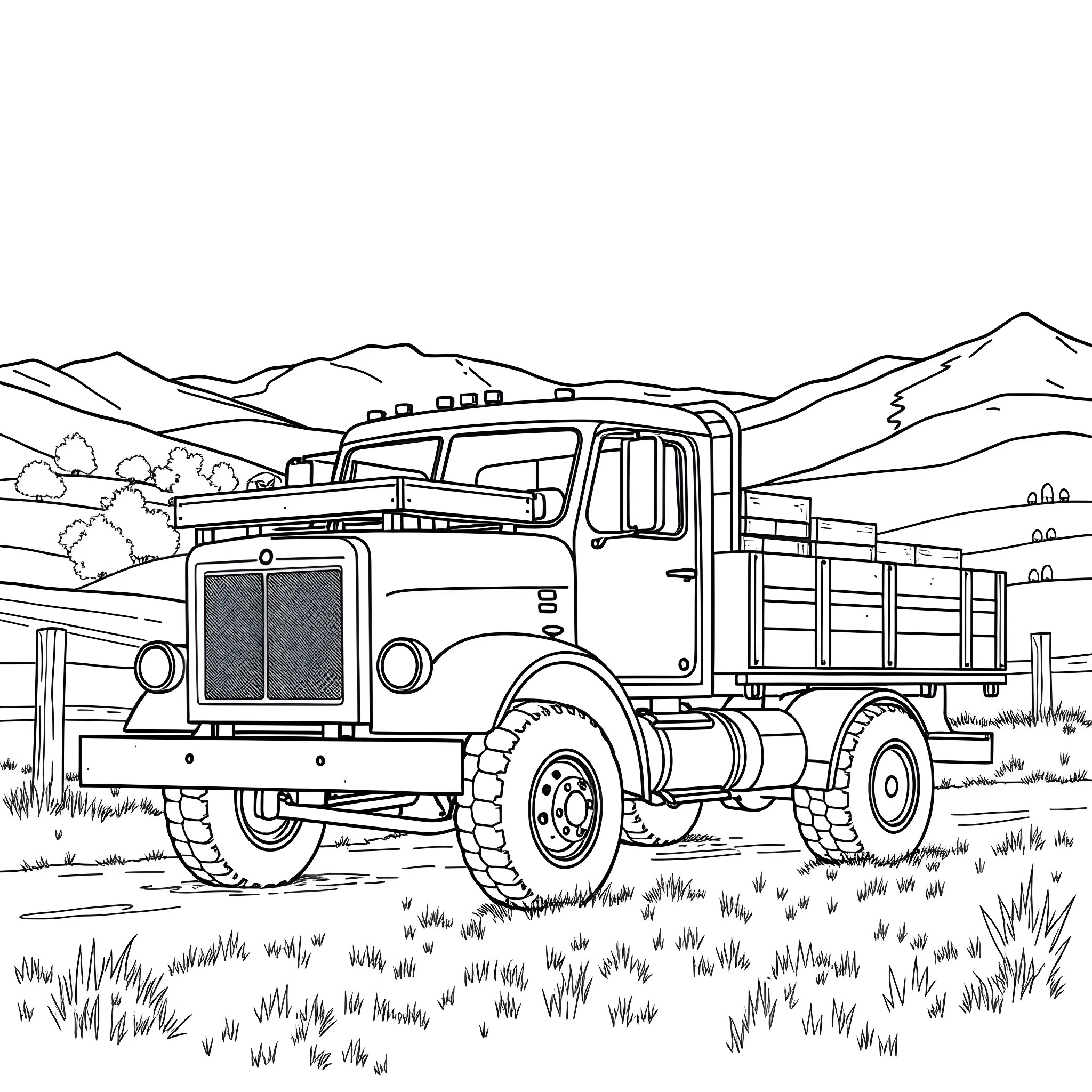 Truck Transporting Goods in Scenic Landscape Coloring Page (free black-and-white line drawing printable PDF for all, from beginners to advanced learners, including children, teens, adults, and seniors)