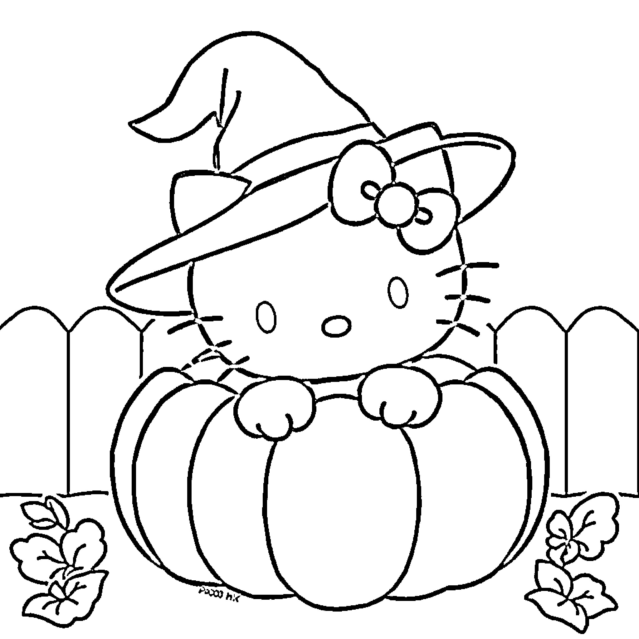 Hello Kitty as a Witch on a Pumpkin Coloring Page (free black-and-white line drawing printable PDF for all, from beginners to advanced learners, including children, teens, adults, and seniors)