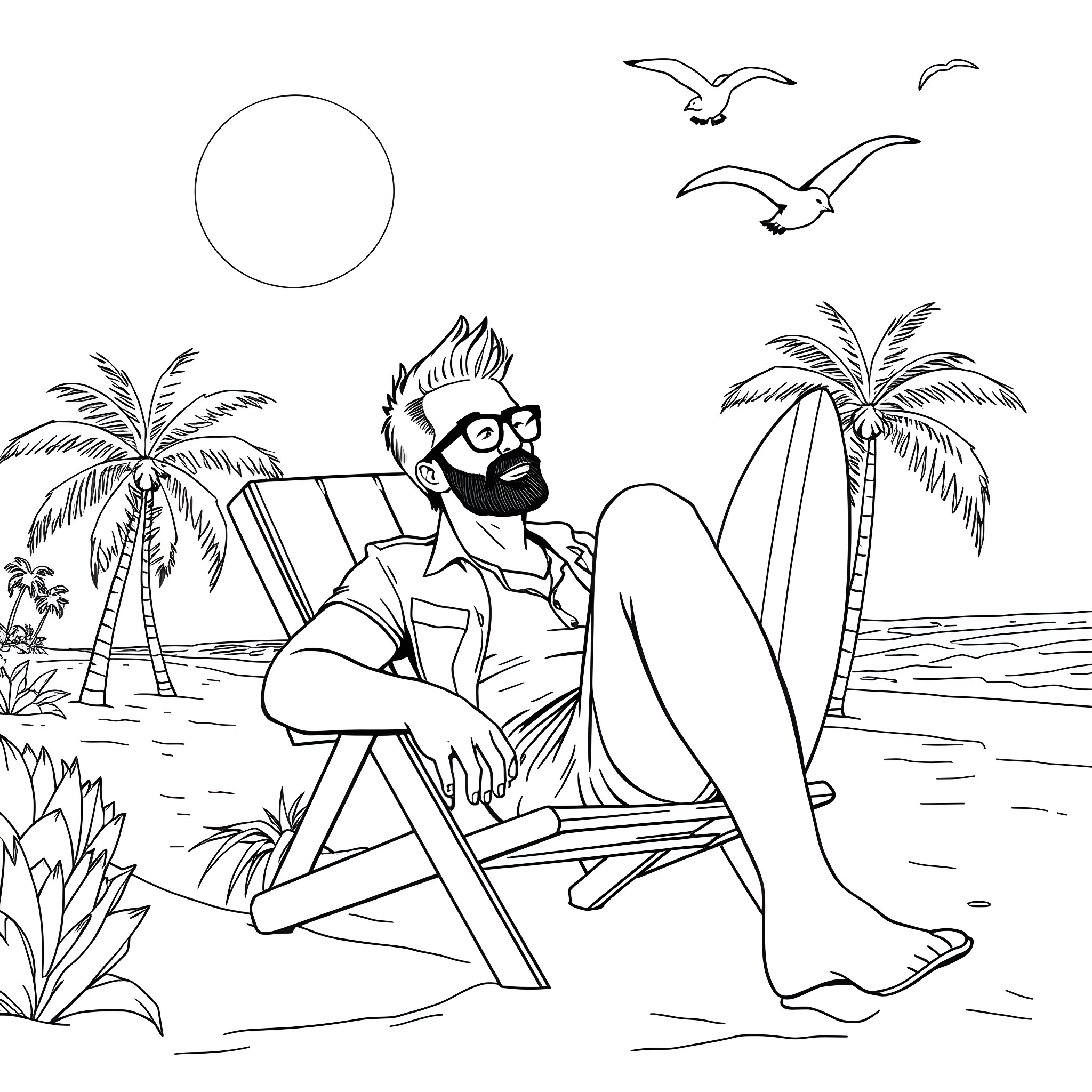 Michael Myers relaxing on a tropical beach Coloring Page (free black-and-white line drawing printable PDF for all, from beginners to advanced learners, including children, teens, adults, and seniors)