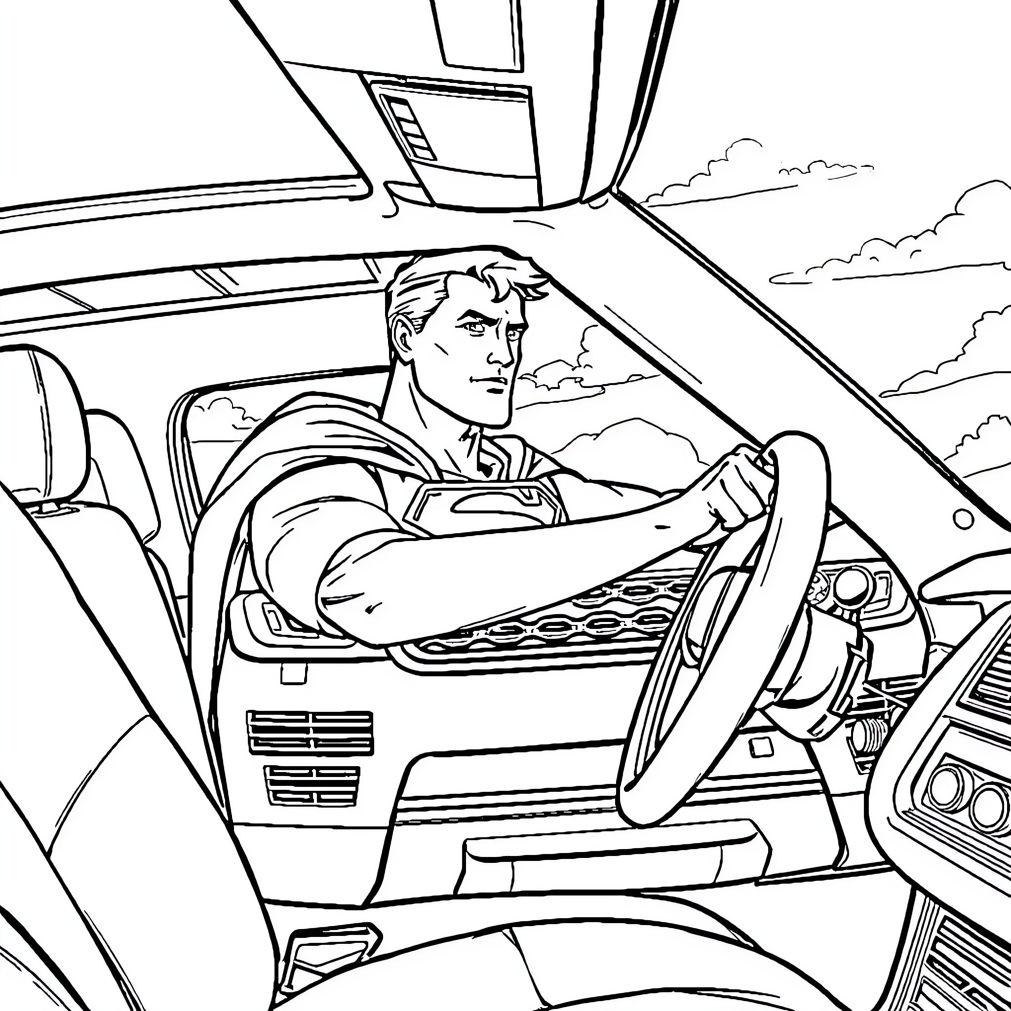 Superman driving his super-powered vehicle Coloring Page (free black-and-white line drawing printable PDF for all, from beginners to advanced learners, including children, teens, adults, and seniors)