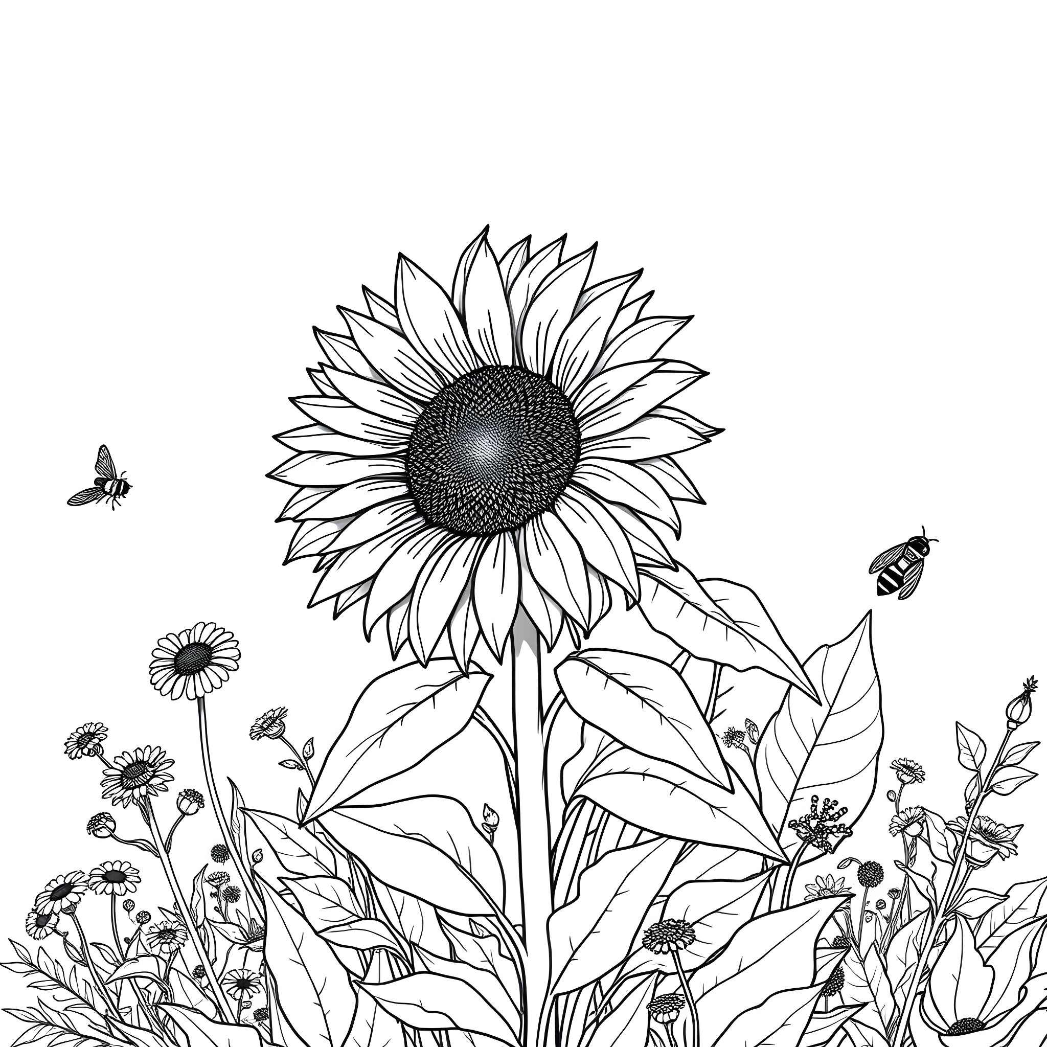 Sunflower garden with buzzing bees Coloring Page (free black-and-white line drawing printable PDF for all, from beginners to advanced learners, including children, teens, adults, and seniors)